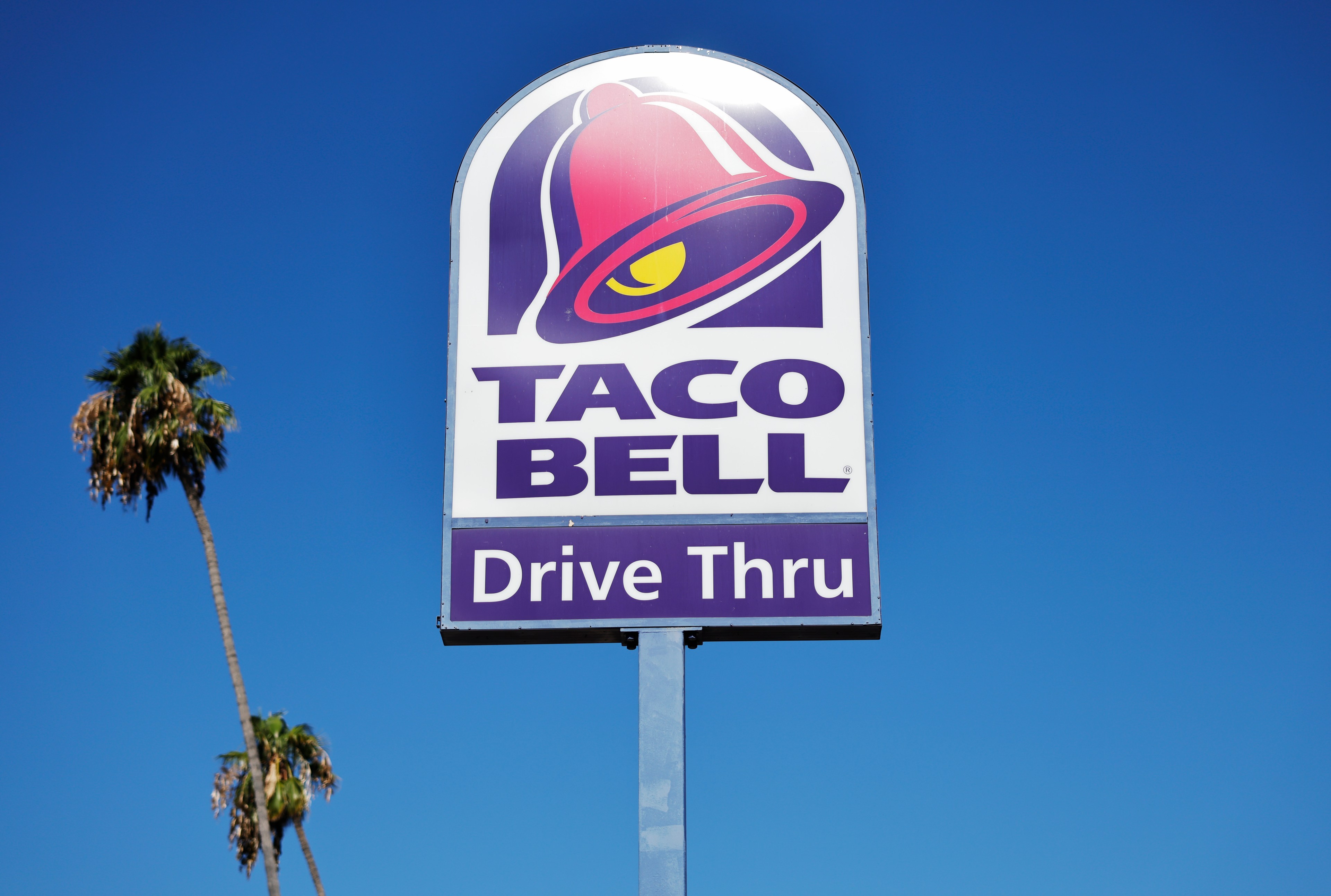 Taco Bell Drive Thru sign on a pole against a bright blue sky, with palm trees visible in the background.