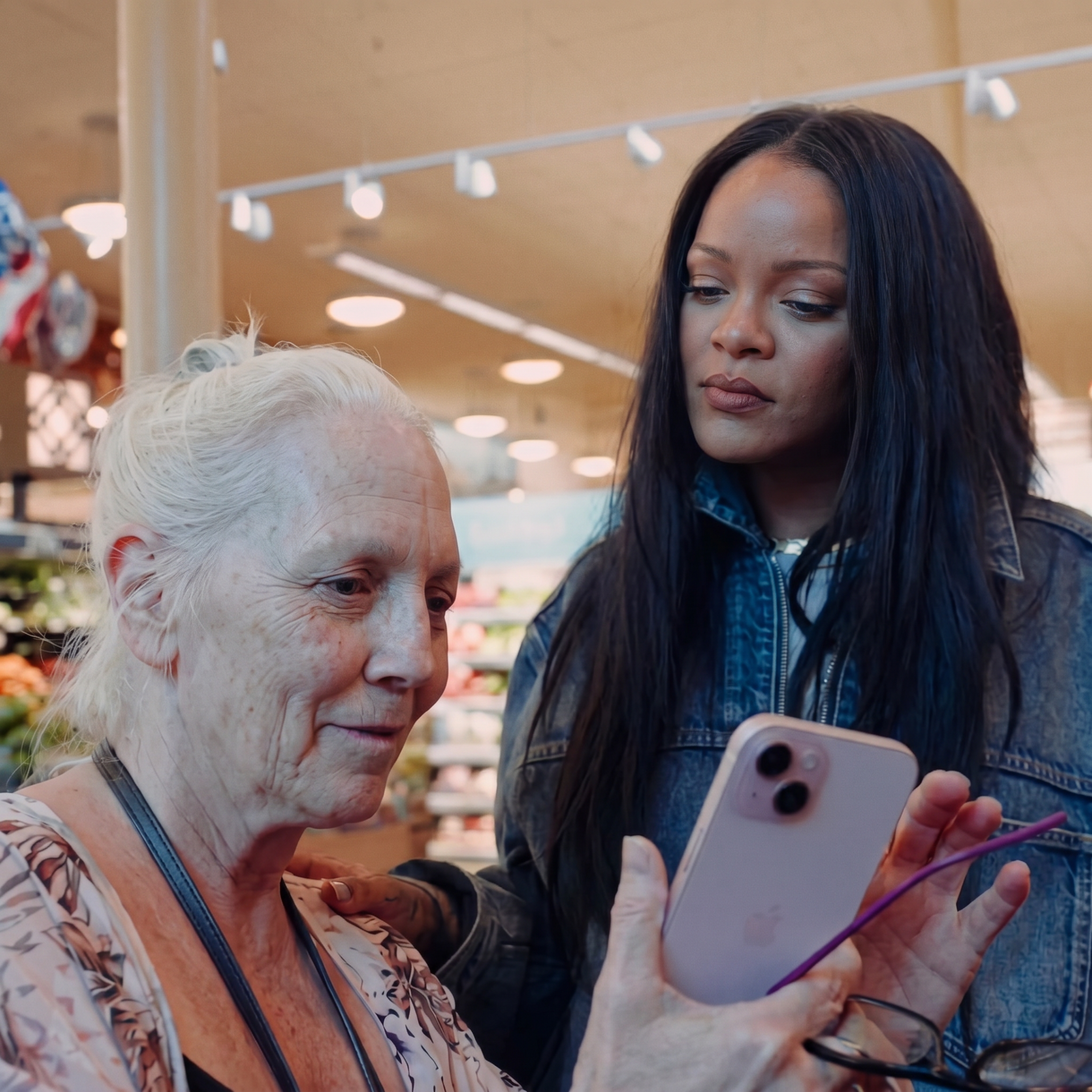 A young woman in a denim jacket leans over an elderly white-haired woman's shoulder as they both look at a pink smartphone inside a grocery store.