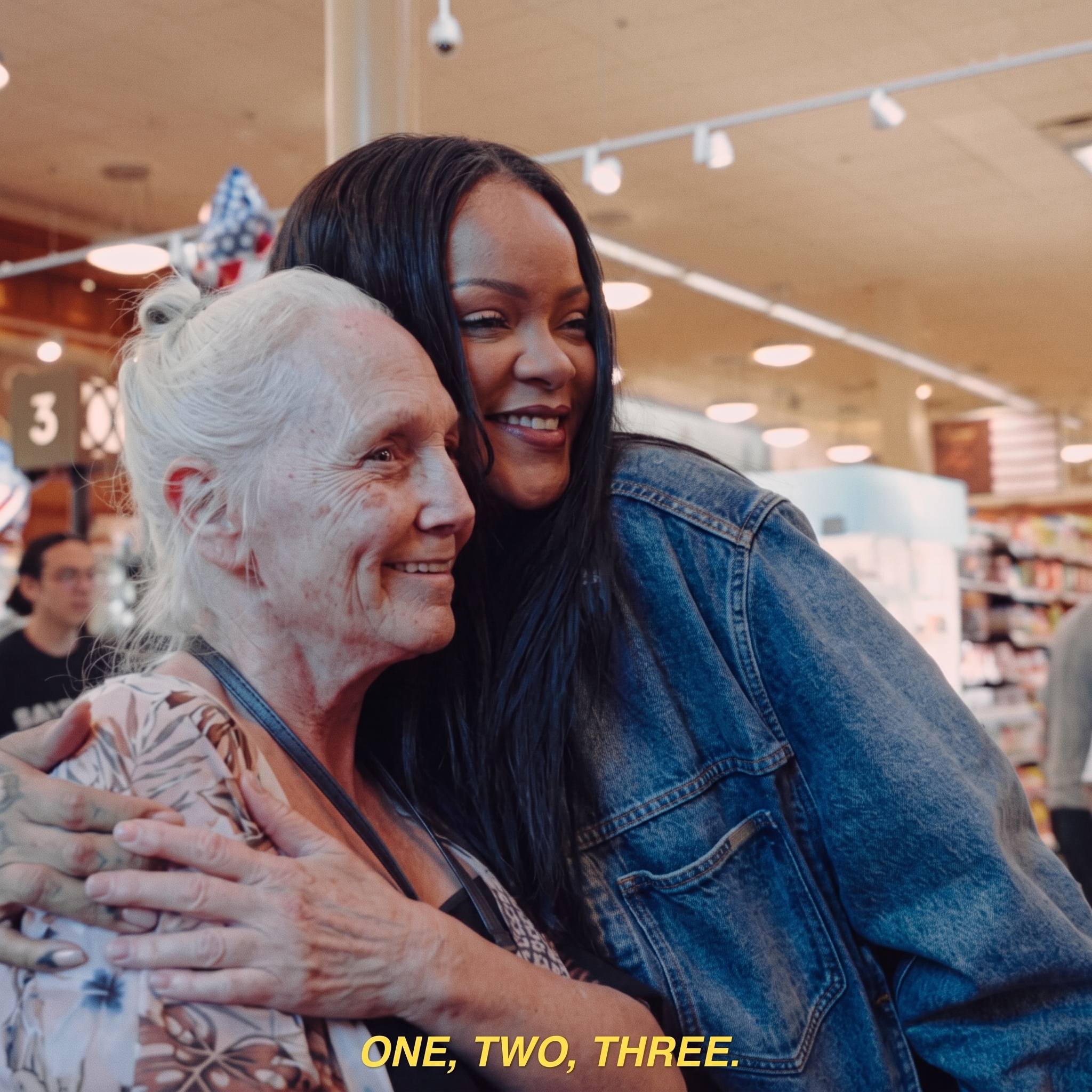 A young woman in a denim jacket hugs an elderly white-haired woman from behind, both smiling, inside a grocery store. Text reads 'ONE, TWO, THREE.'