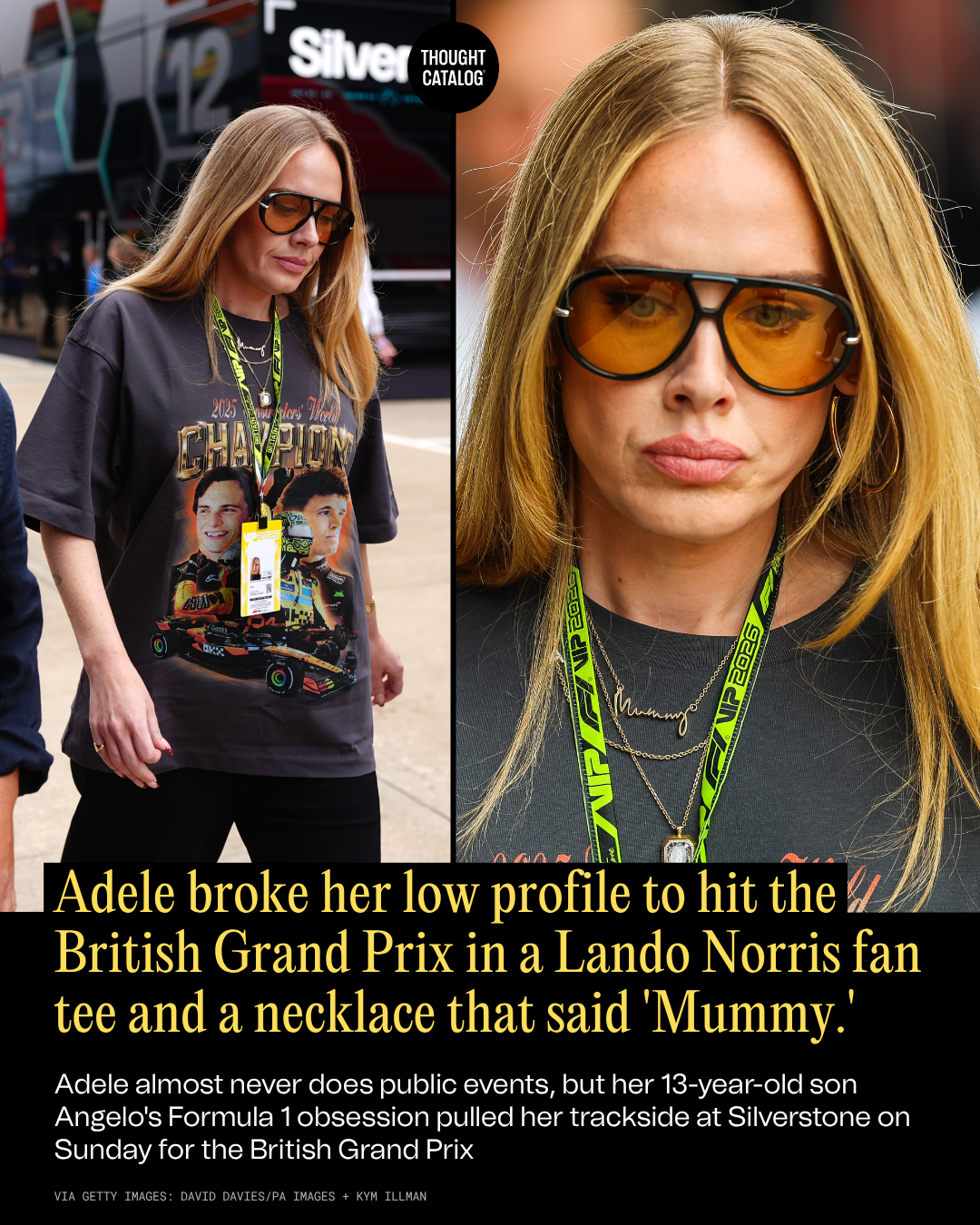 Adele Broke Her Low Profile to Hit the British Grand Prix in a Lando Norris Fan Tee and a Necklace That Said 'Mummy.'