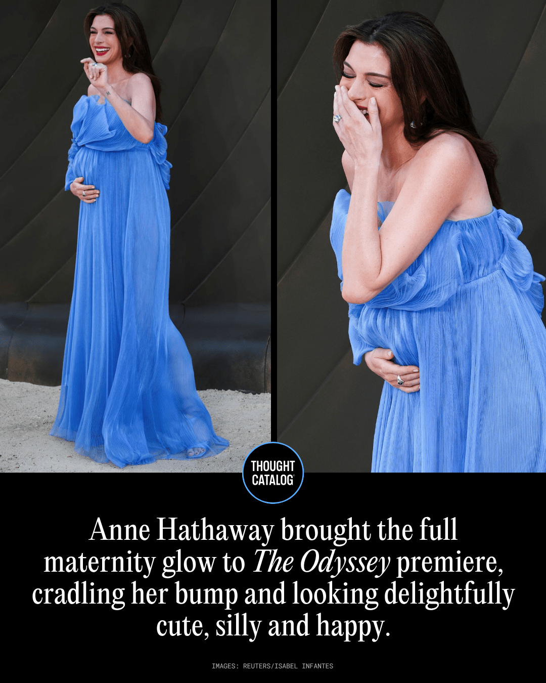 Anne Hathaway Brought the Full Maternity Glow to the Odyssey Premiere in a Blue Floral Gown, Cradling Her Bump and Looking Delightfully Cute and Happy