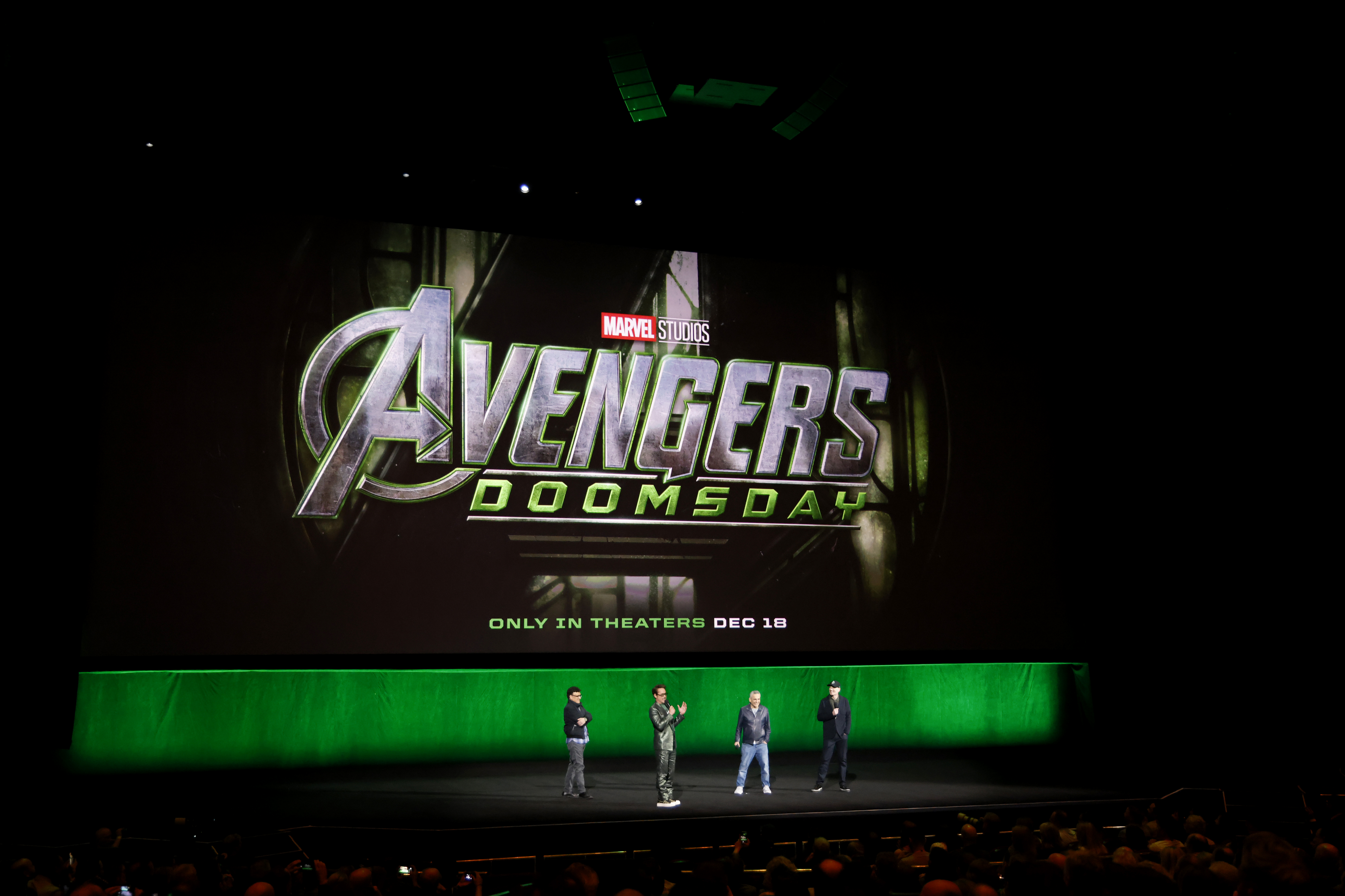 Anthony Russo, Robert Downey Jr., Joe Russo, and Kevin Feige onstage at the Walt Disney Studios CinemaCon 2026 presentation in Las Vegas