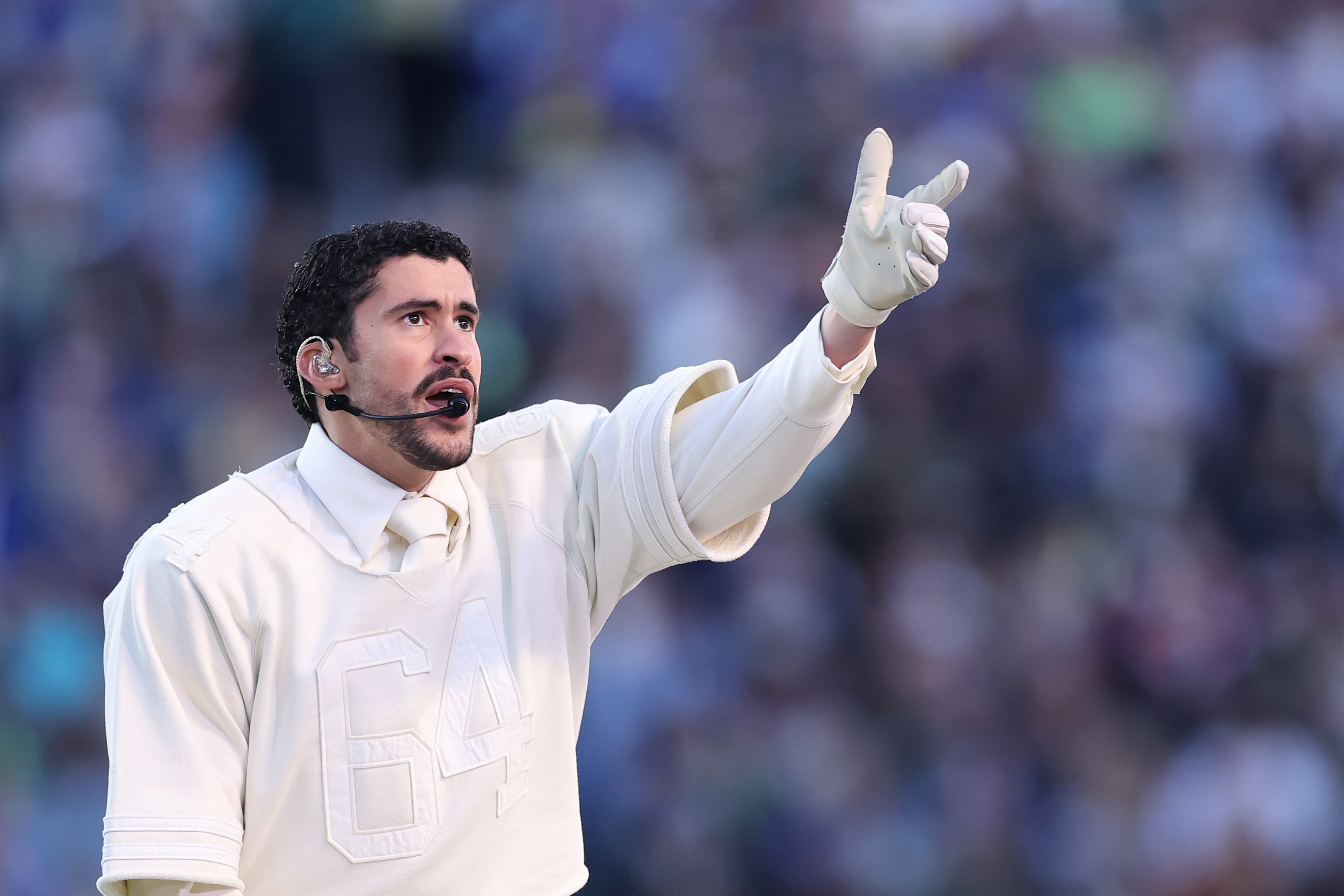 Bad Bunny performing onstage at the Super Bowl LX halftime show at Levi's Stadium in Santa Clara, California