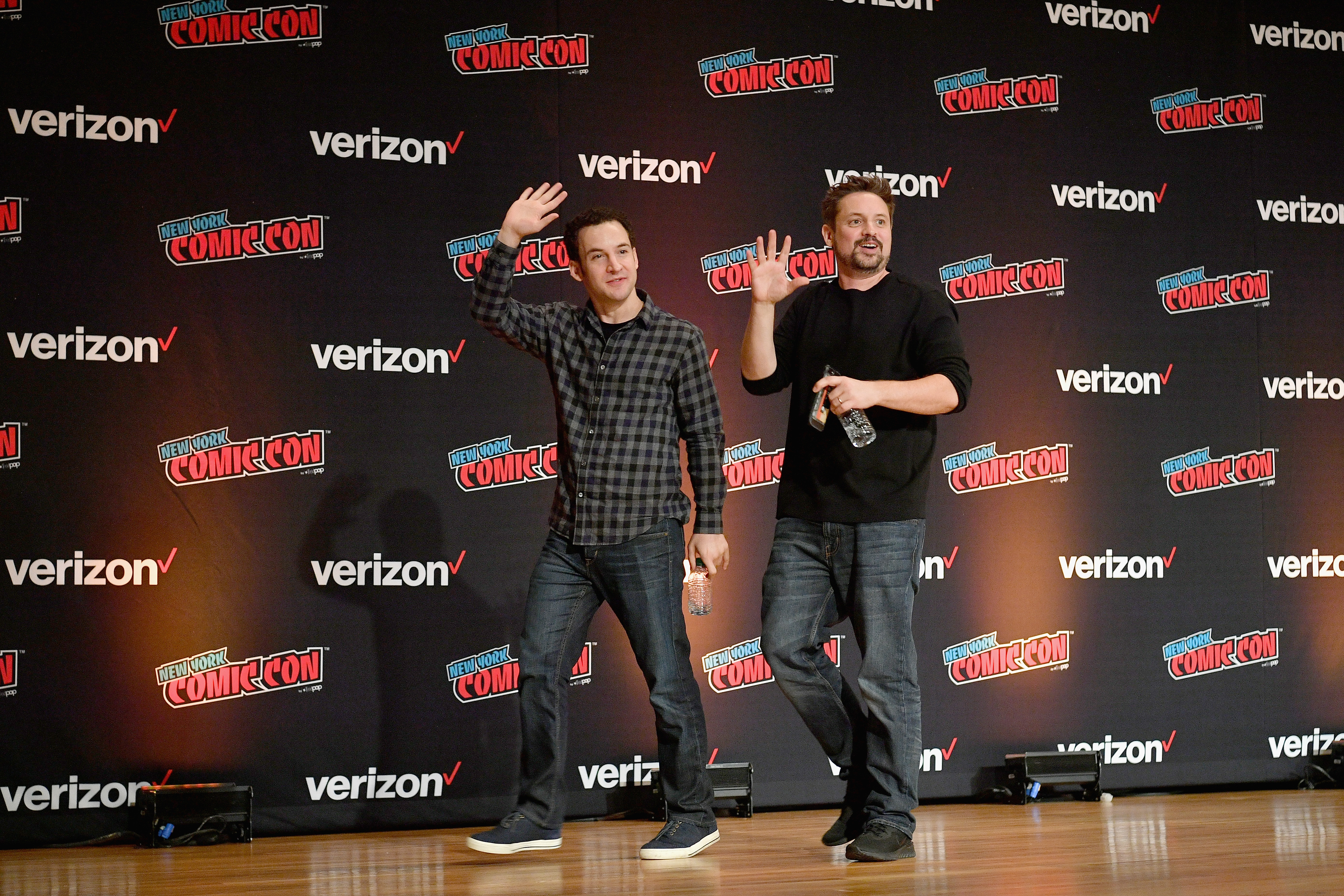 Ben Savage and Will Friedle speaking onstage at the Boy Meets World 25th Anniversary Reunion panel at New York Comic Con 2018