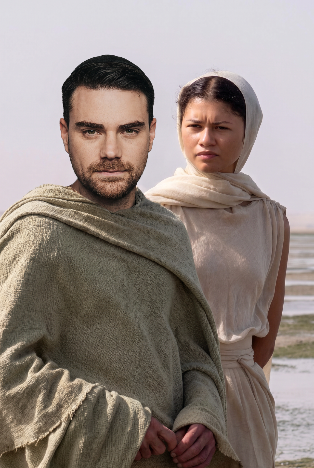 AI-generated image of a bearded man in a green draped robe and a woman in a cream headscarf standing near a shoreline in ancient-style clothing.