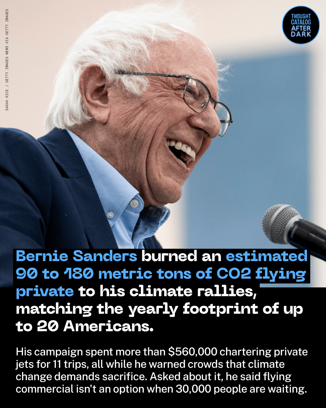 Bernie Sanders Burned an Estimated 90 to 180 Metric Tons of CO2 Flying Private to His Climate Rallies, Matching the Yearly Footprint of Up to 20 Americans