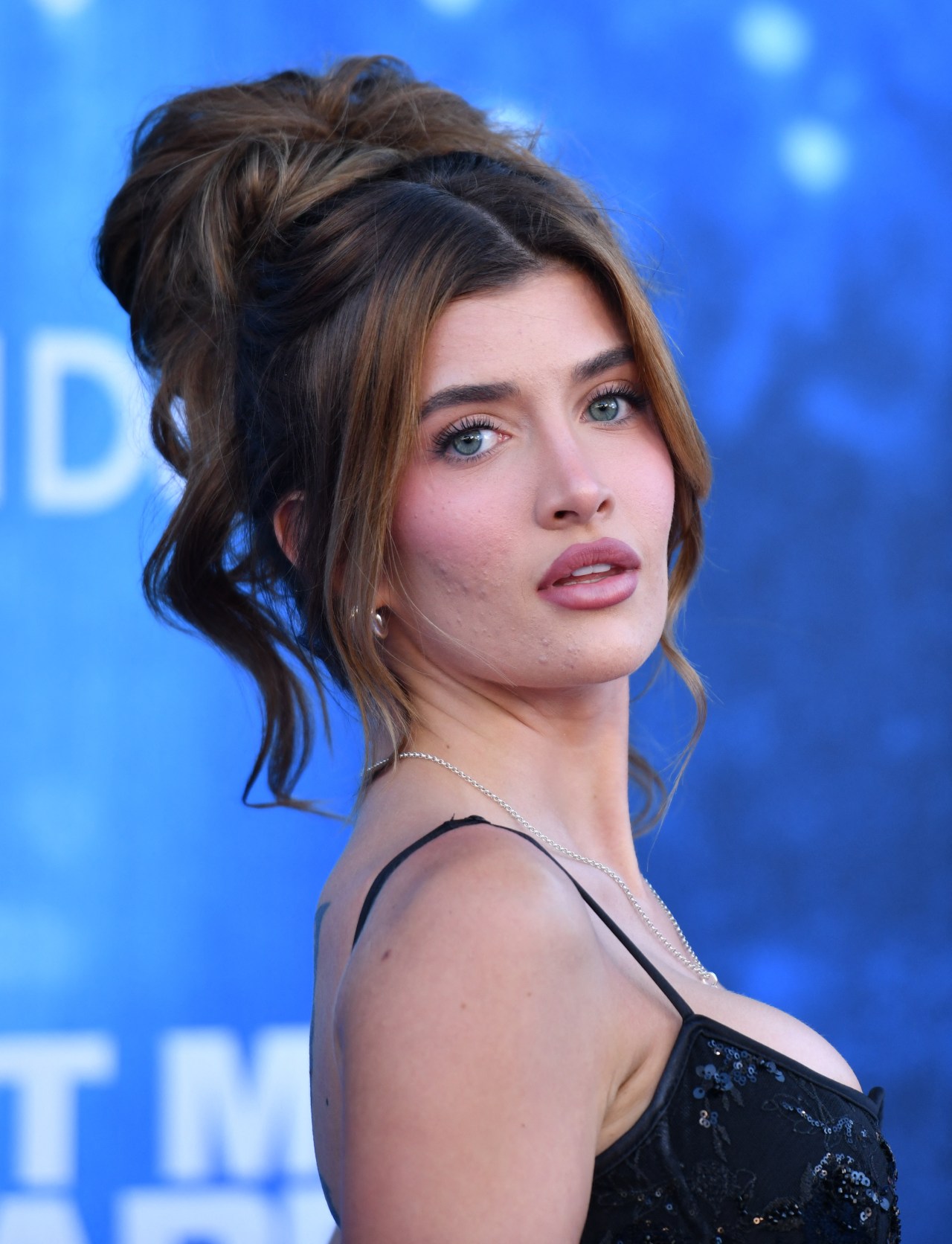 Sami Sheen in a black sequined dress with an updo hairstyle at a movie premiere in Westwood, California.