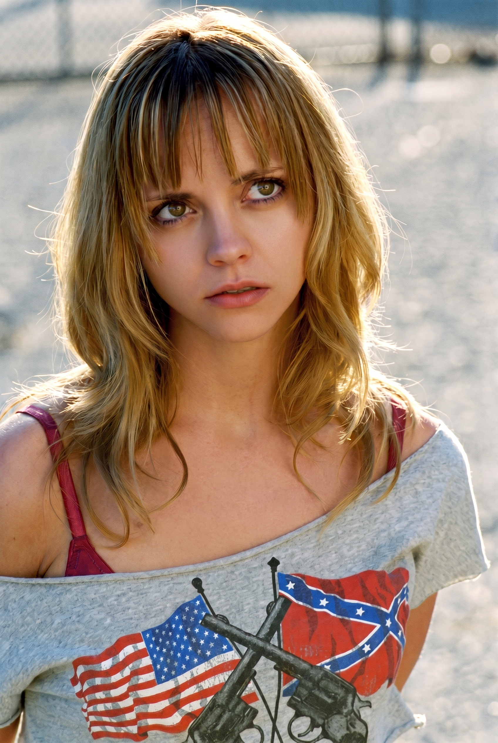 Close-up of a blonde woman with bangs wearing an off-shoulder grey shirt printed with American and Confederate flags, looking intensely at the camera.