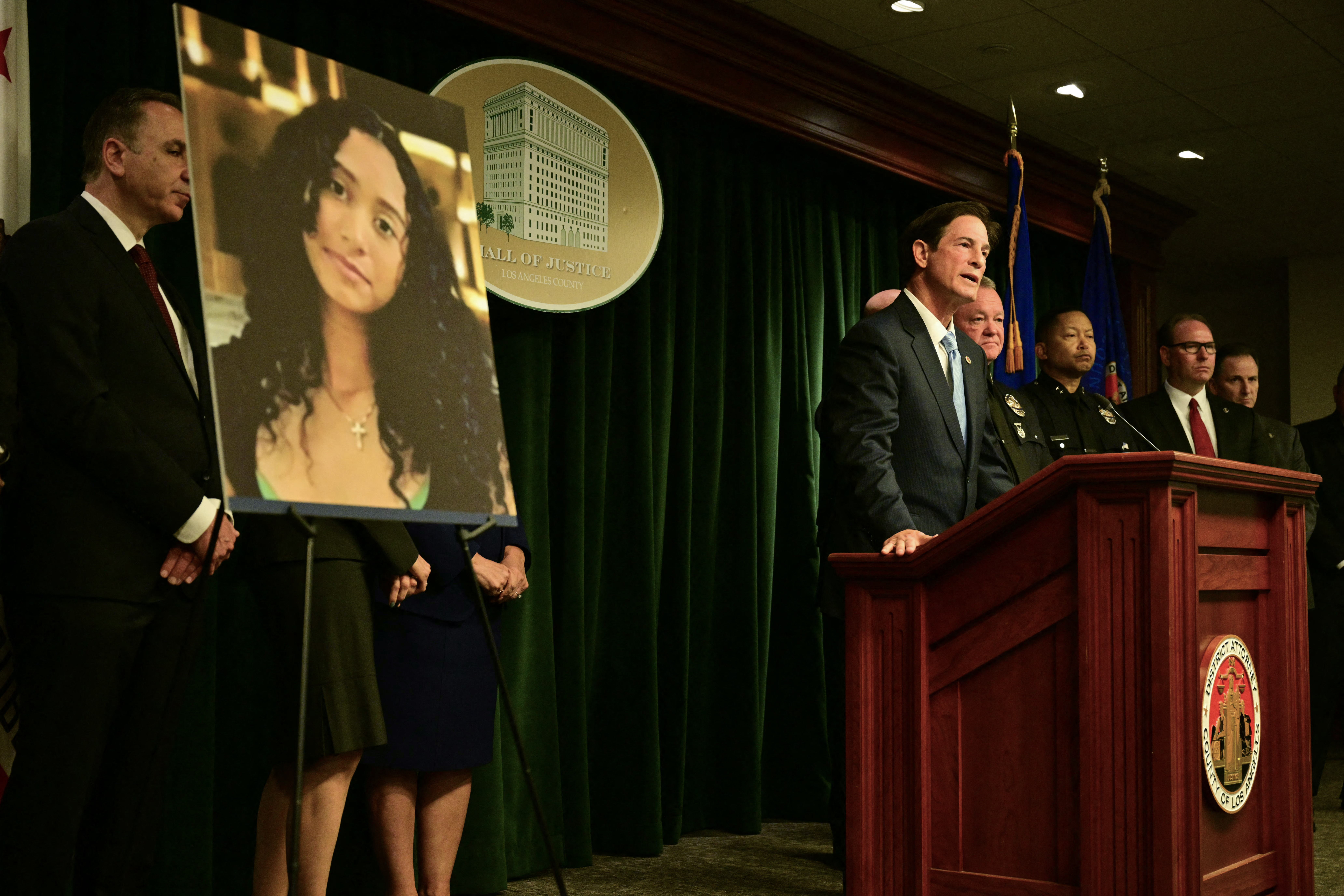 LA County District Attorney Nathan Hochman and LAPD Chief Jim McDonnell speaking at a press briefing in Los Angeles