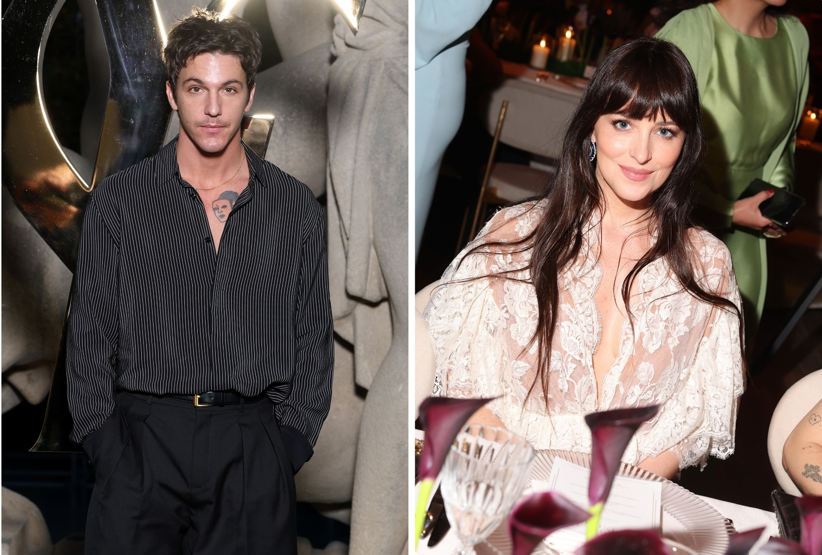 Man in a black pinstripe shirt and wide-leg black trousers standing in front of stone sculptures and a gold YSL logo at a fashion event.