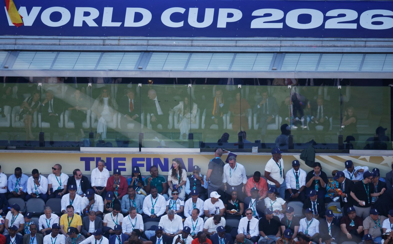 Crowded VIP stands at MetLife Stadium beneath a large 'World Cup 2026 – The Final' banner during the FIFA World Cup Final.
