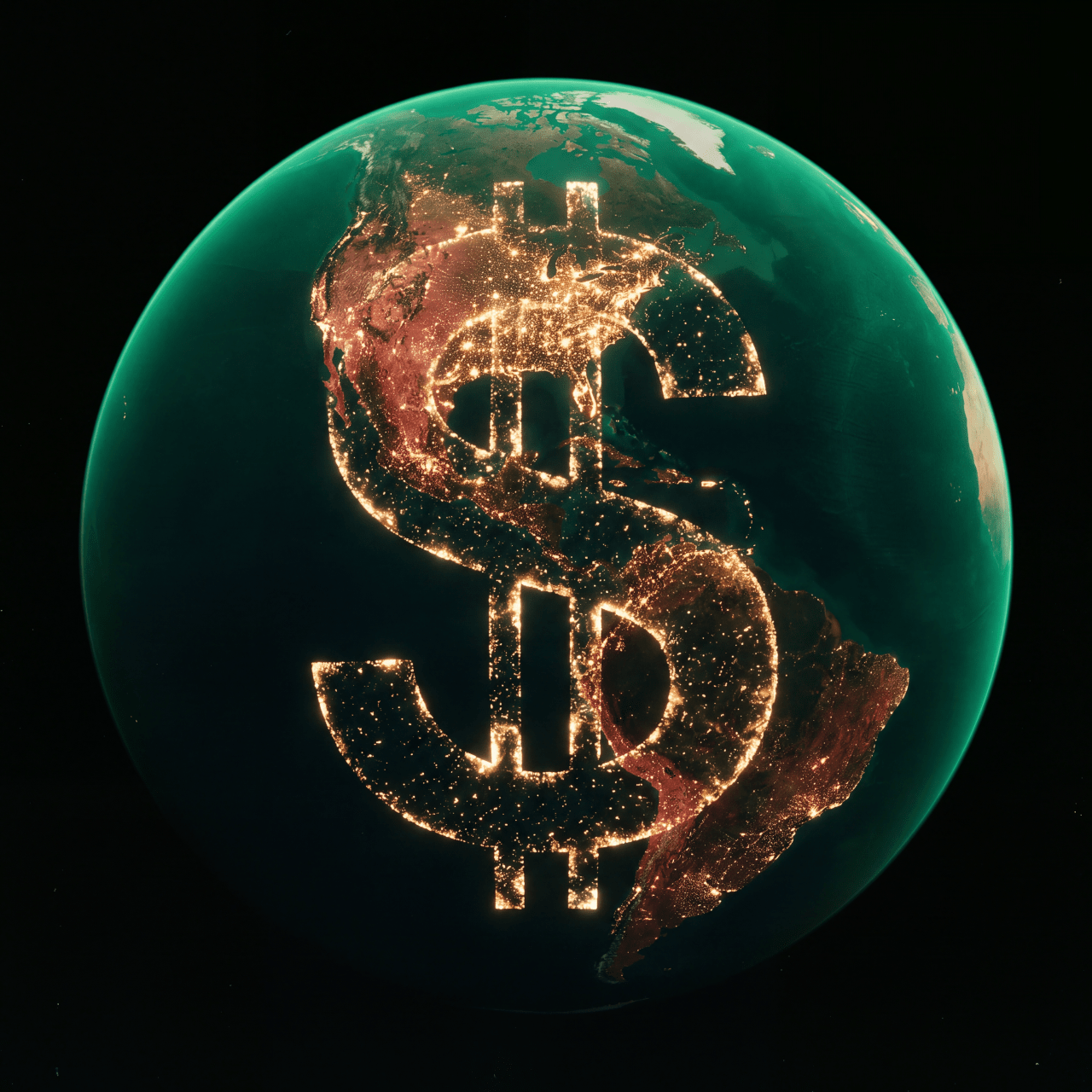 Digital illustration of Earth viewed from space with a glowing golden dollar sign superimposed over the Americas