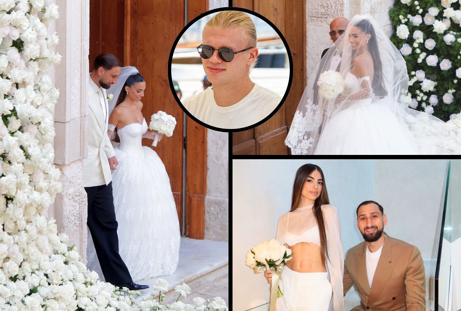 Groom in white tuxedo and bride in strapless white gown holding a bouquet exit a stone church doorway flanked by massive white floral walls.