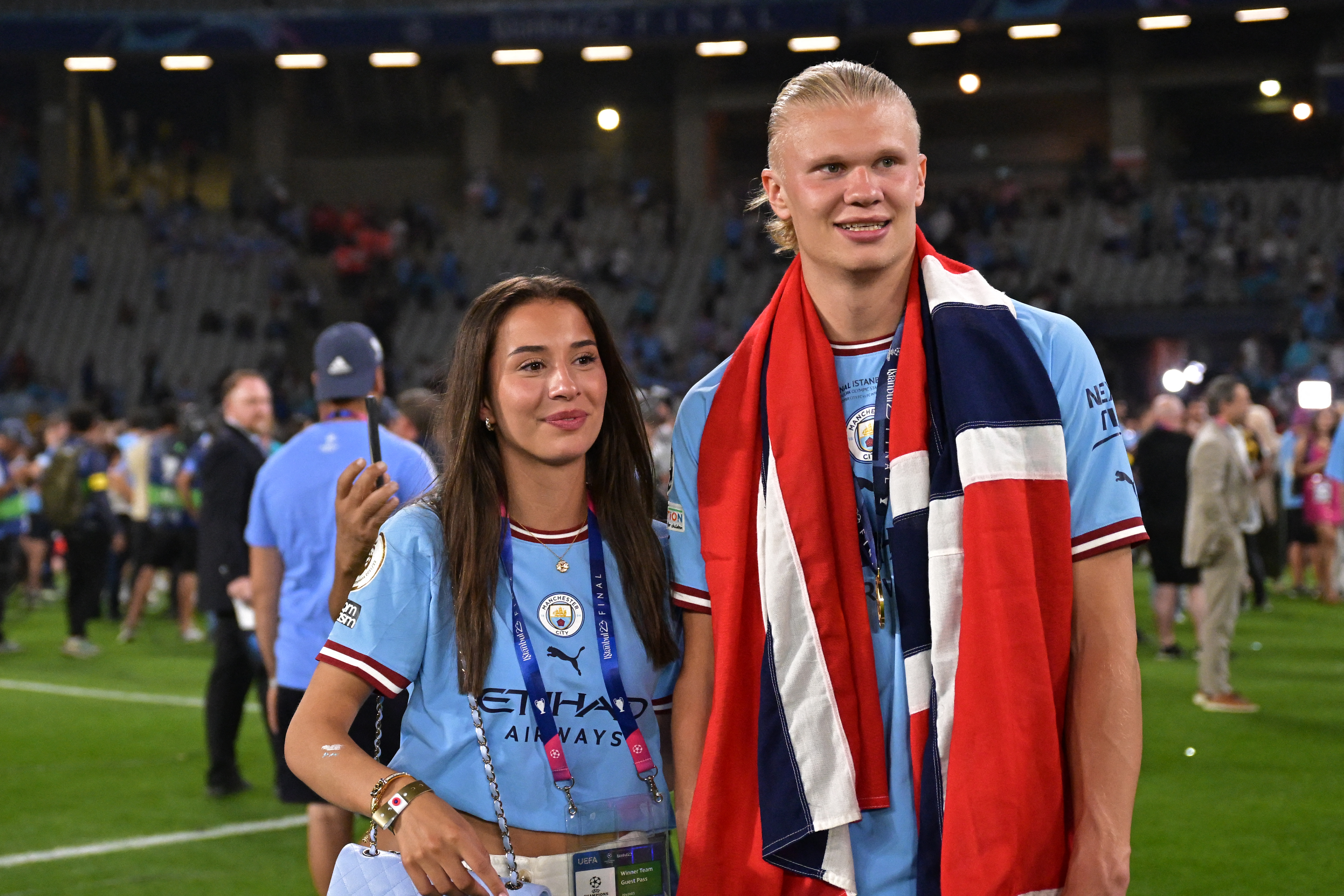 Erling Haaland and Isabel Haugseng Johansen posing together after Manchester City's Champions League final win in Istanbul
