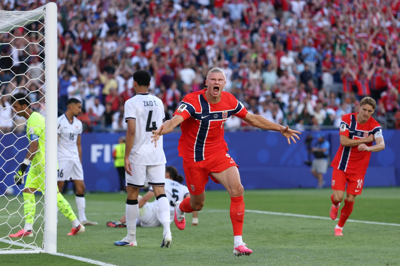 Erling Haaland celebrating a goal for Norway during a FIFA World Cup 2026 group stage match against Iraq at Boston Stadium in Foxborough, Massachusetts