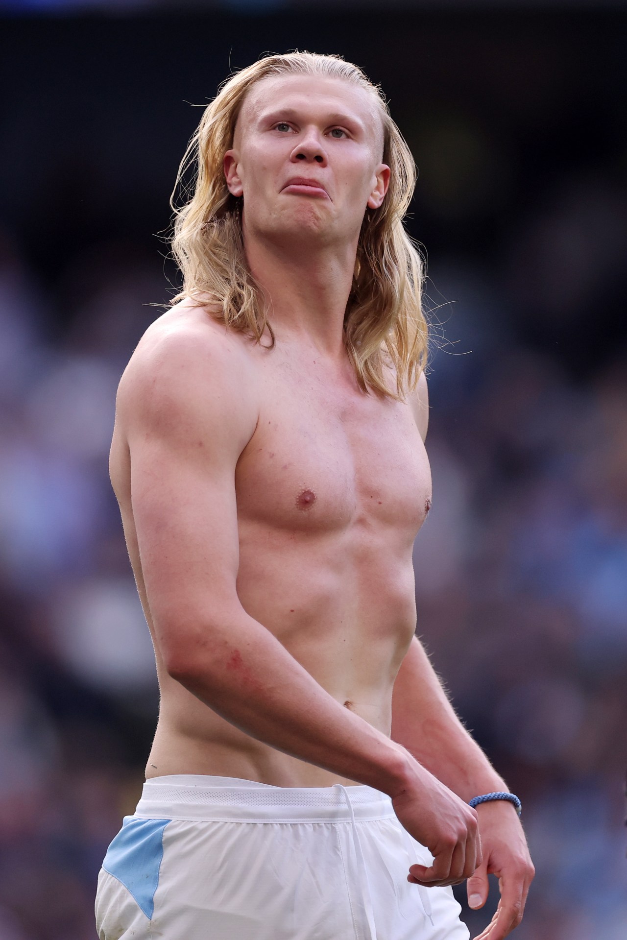 Erling Haaland of Manchester City celebrating victory after a Premier League match against Arsenal at Etihad Stadium