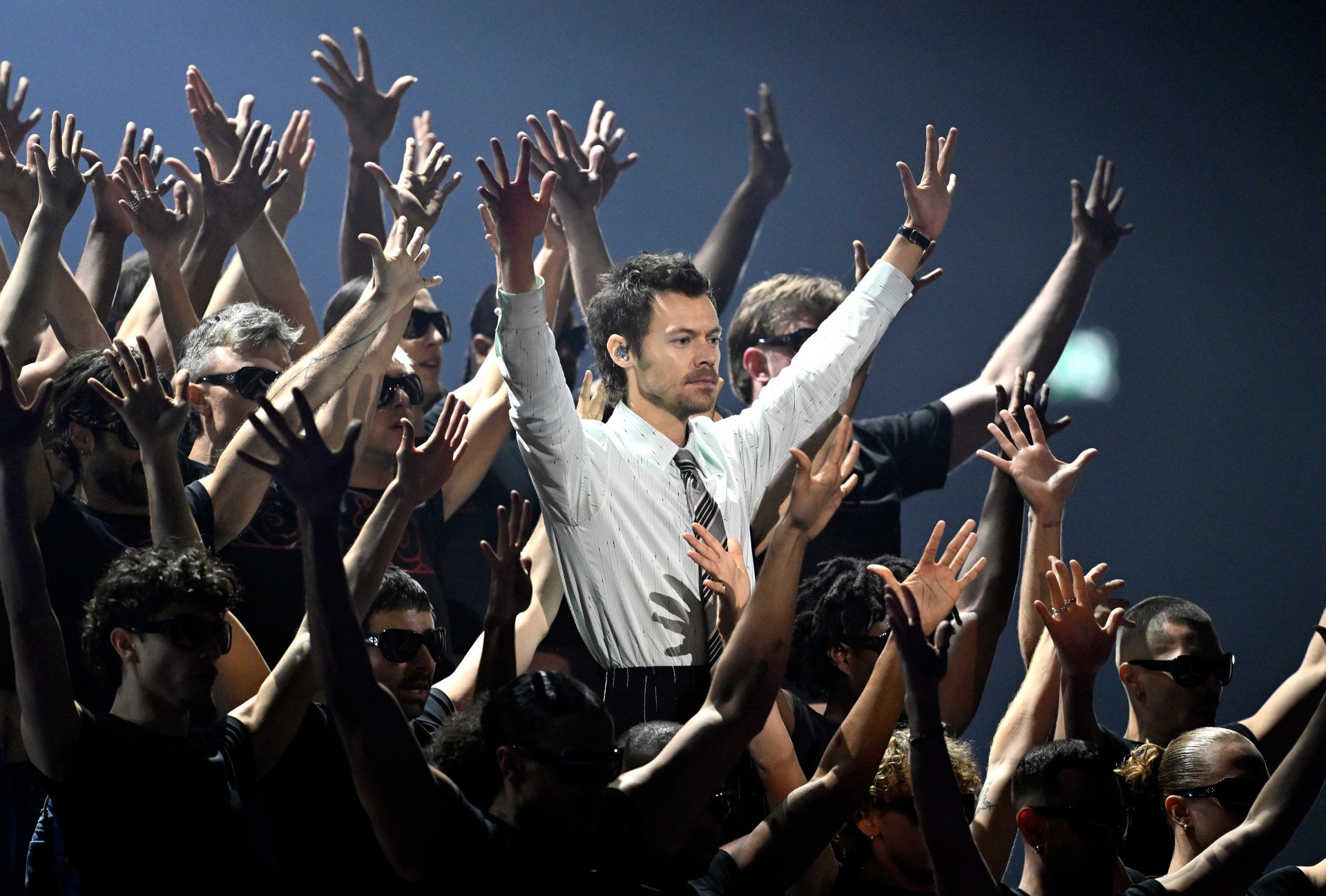 Harry Styles performing on stage at the BRIT Awards 2026 at Co-op Live in Manchester, England