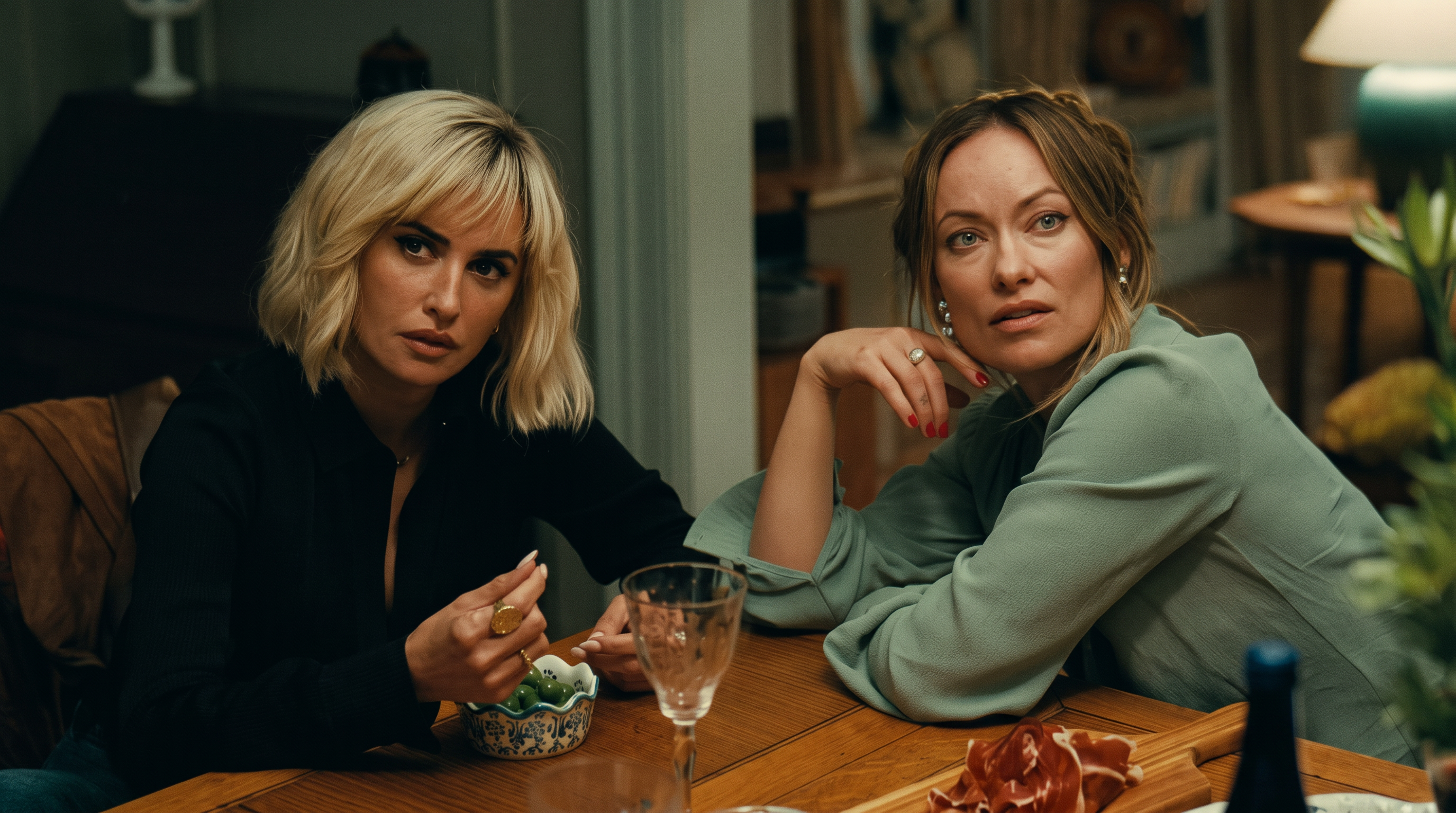 Two women sitting at a wooden dining table with food and drinks, looking serious, one in black and one in sage green.