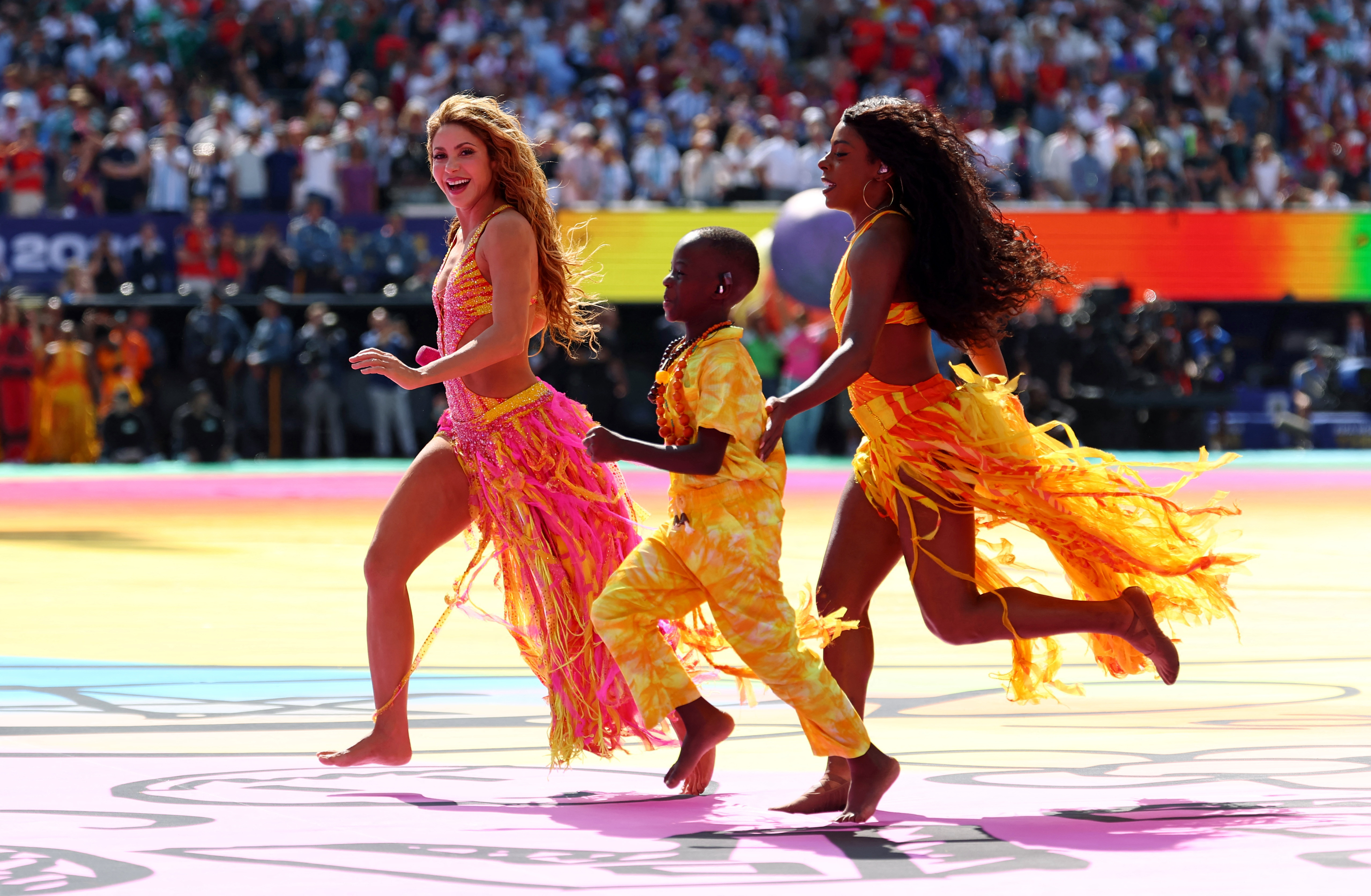 Shakira performing during the halftime show at the 2026 FIFA World Cup Final in East Rutherford, New Jersey