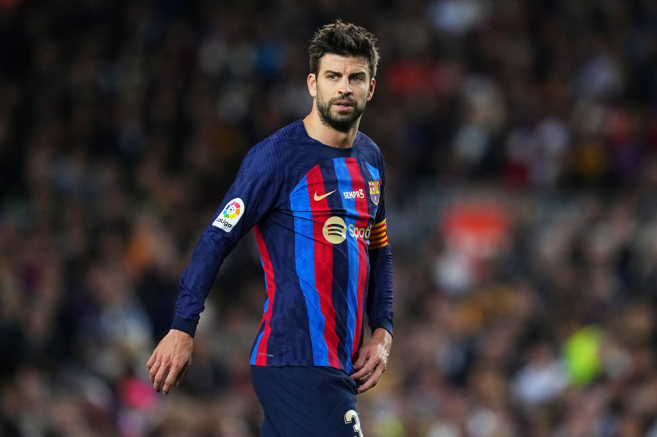 Gerard Pique in a Barcelona kit looking on during a LaLiga match at Spotify Camp Nou