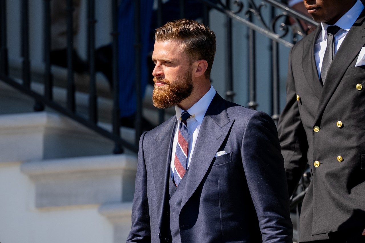 Harrison Butker standing with Kansas City Chiefs teammates on the South Lawn of the White House