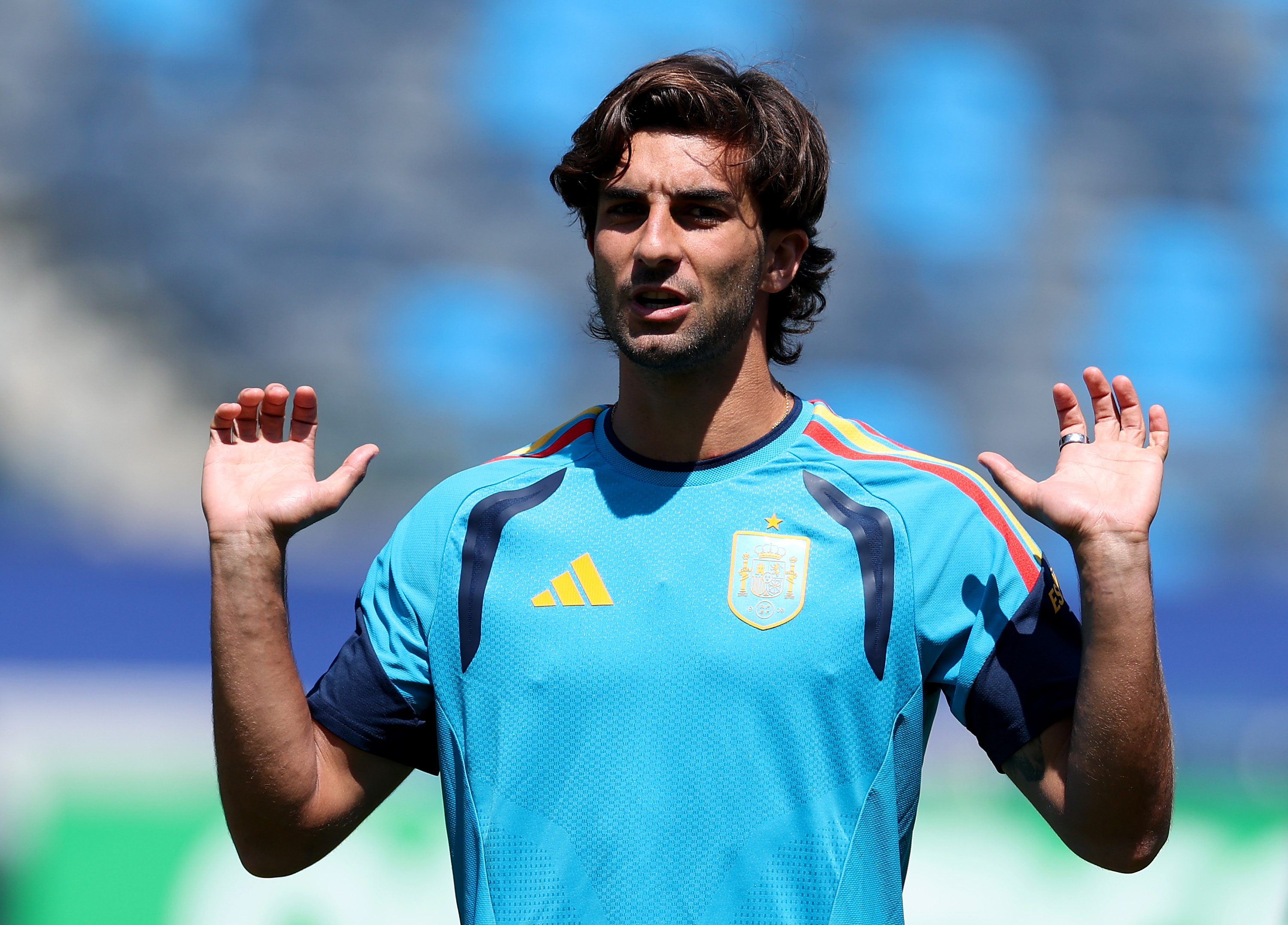 Ferran Torres wearing Spain jersey number 7 during a training session at Carson Sports Park for the 2026 FIFA World Cup