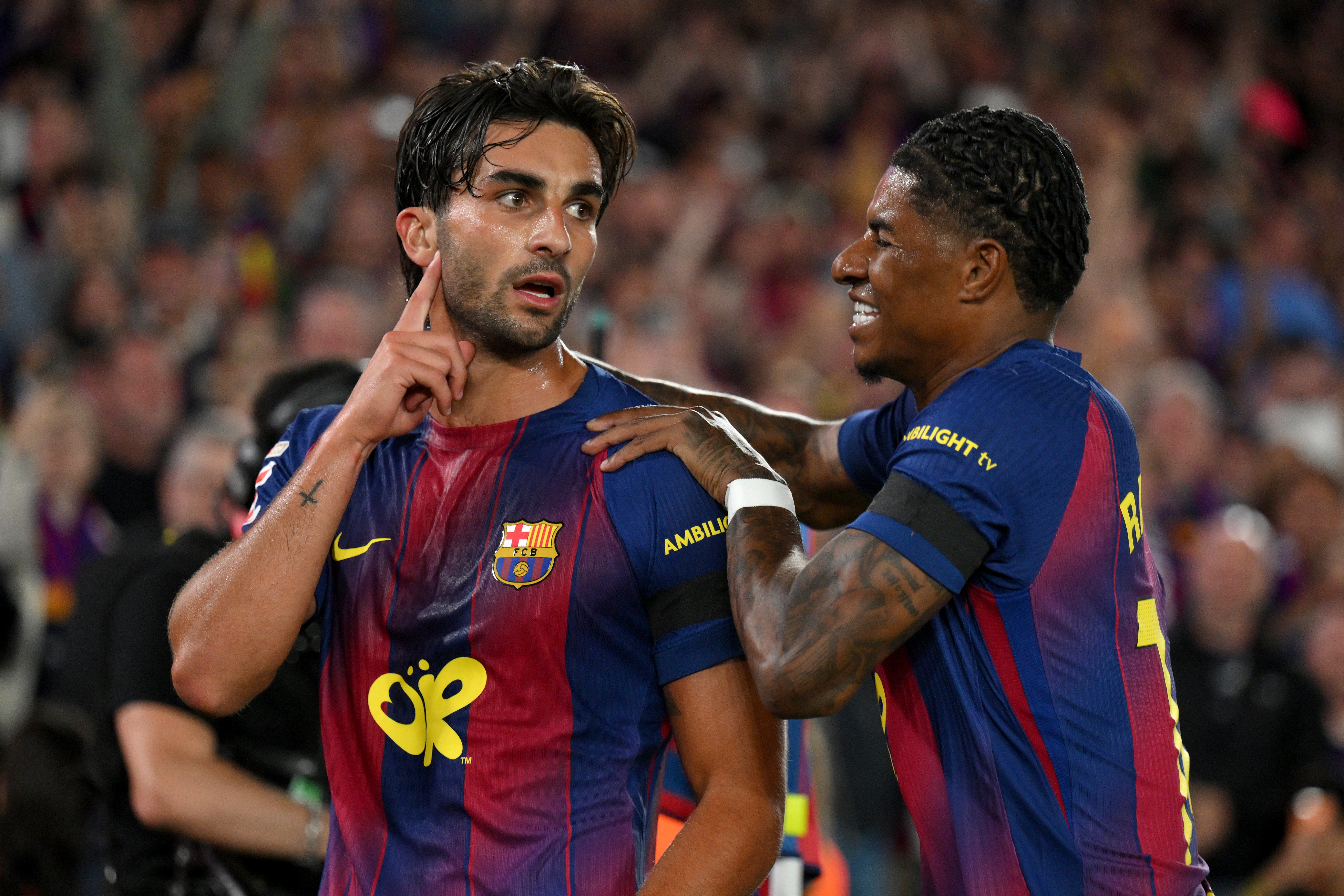Ferran Torres and Marcus Rashford celebrating a goal during the FC Barcelona vs Real Madrid LaLiga match at Spotify Camp Nou
