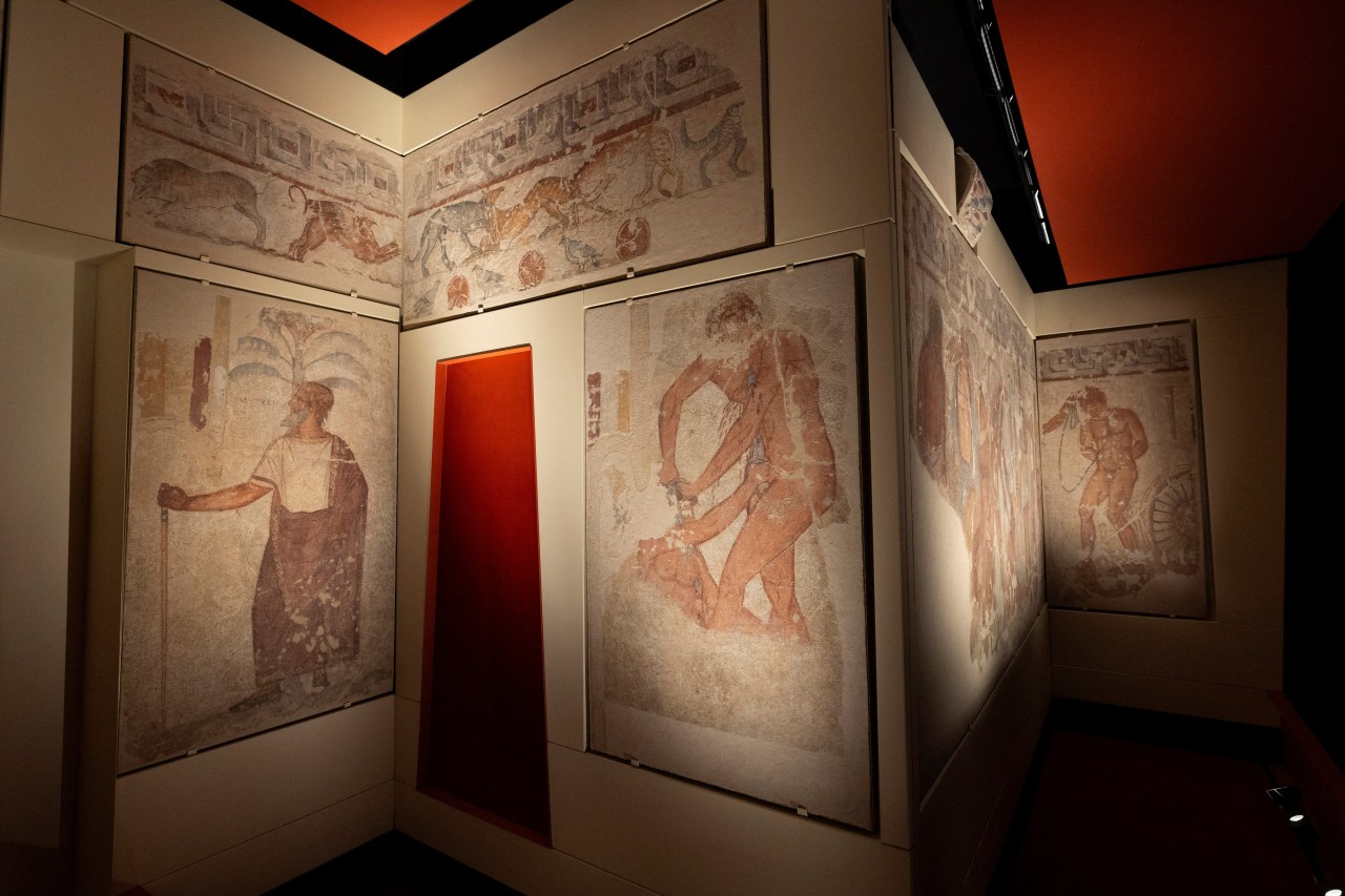 Etruscan tomb frescoes on display at a public unveiling in Rome