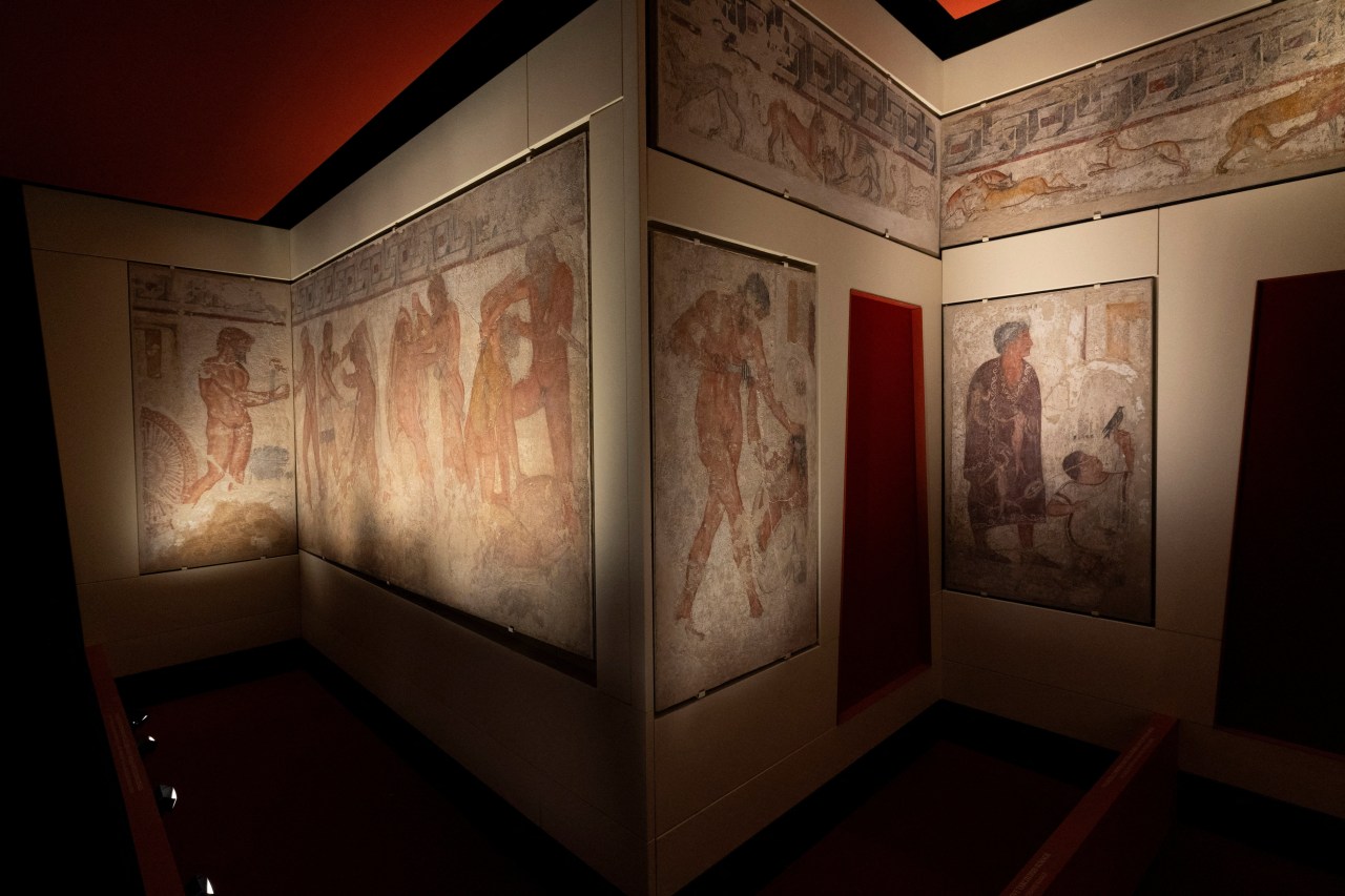 Etruscan tomb frescoes on public display in Rome, featuring ancient painted panels including a figure identified as a Roman king