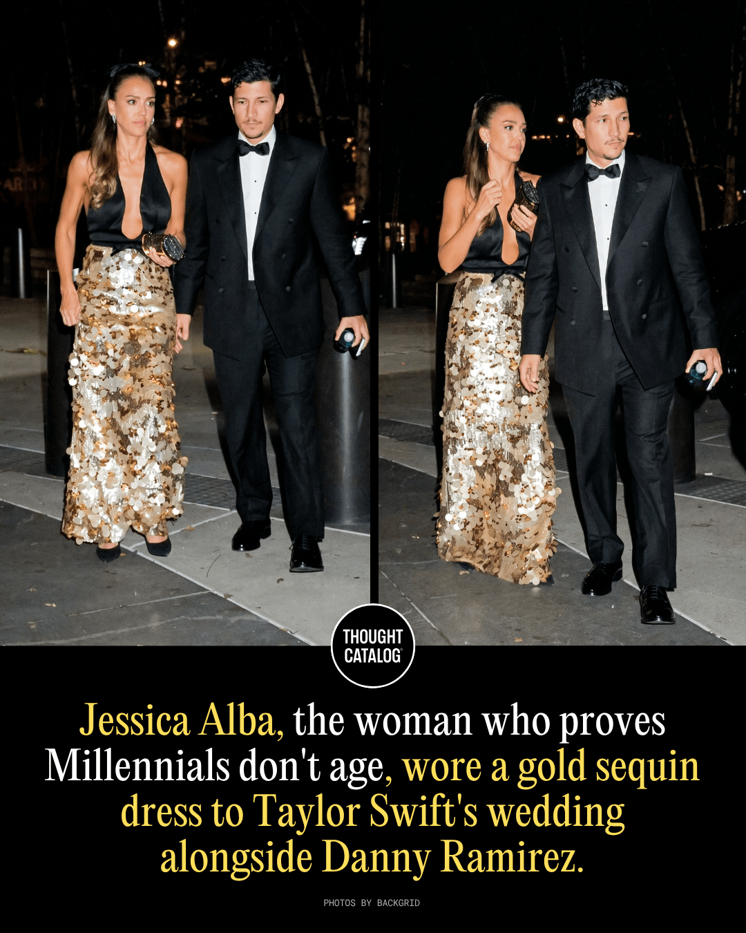 Jessica Alba, the Woman Who Proves Millennials Don't Age, Wore a Gold Sequin Dress to Taylor Swift's Wedding Alongside Danny Ramirez