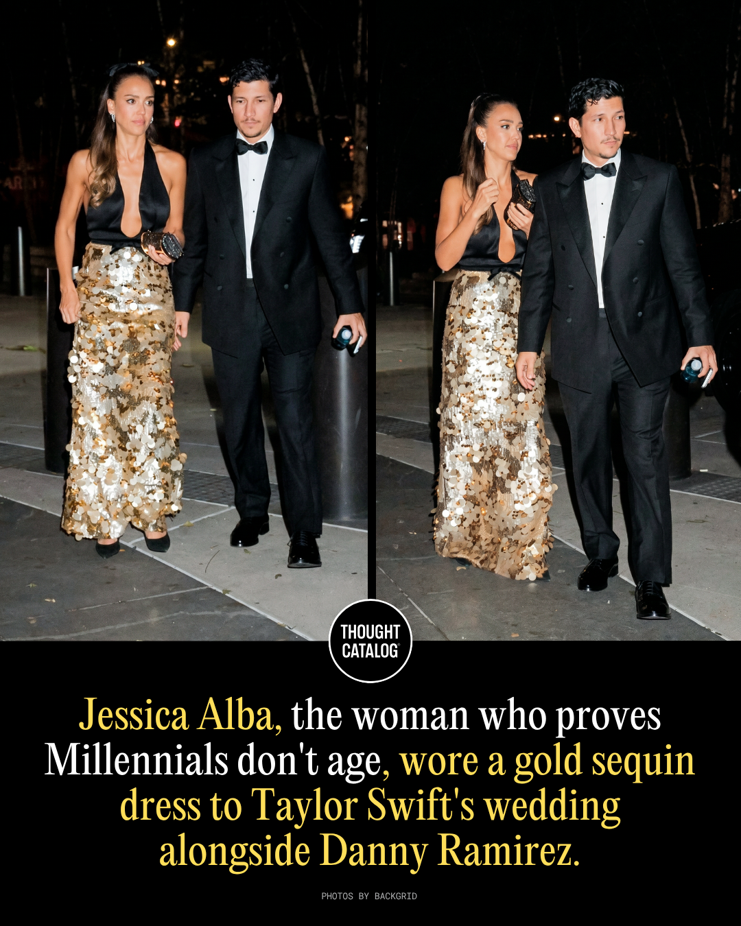 Jessica Alba, the Woman Who Proves Millennials Don't Age, Wore a Gold Sequin Dress to Taylor Swift's Wedding Alongside Danny Ramirez