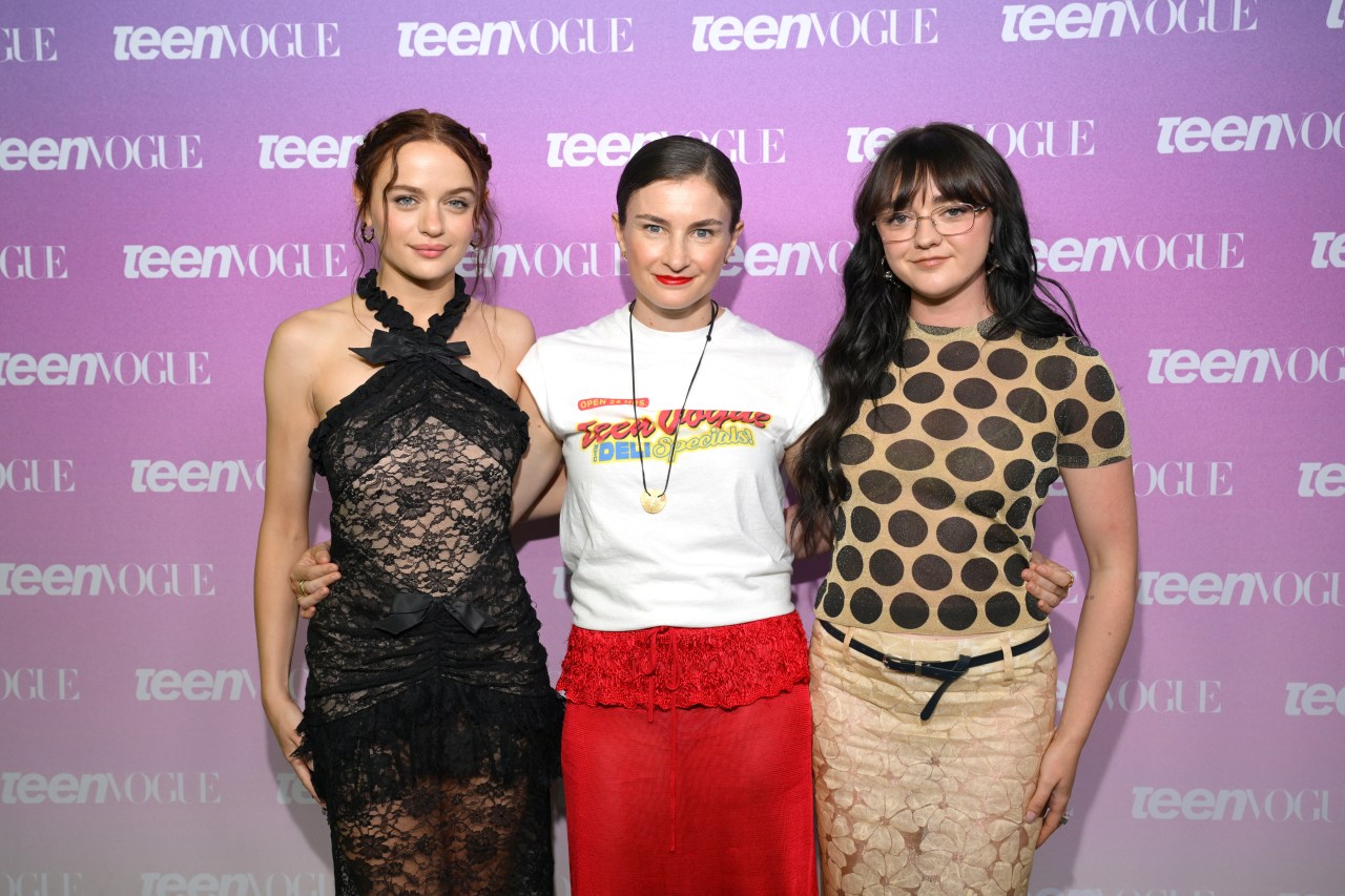 Joey King, Chloe Malle, and Maisie Williams posing together at the 2026 Teen Vogue Fest at Duggal Greenhouse in Brooklyn