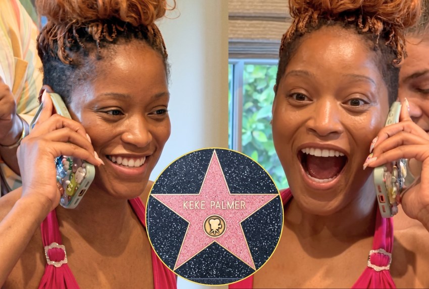 Woman with auburn updo smiling and laughing while talking on a phone, wearing a pink halter top