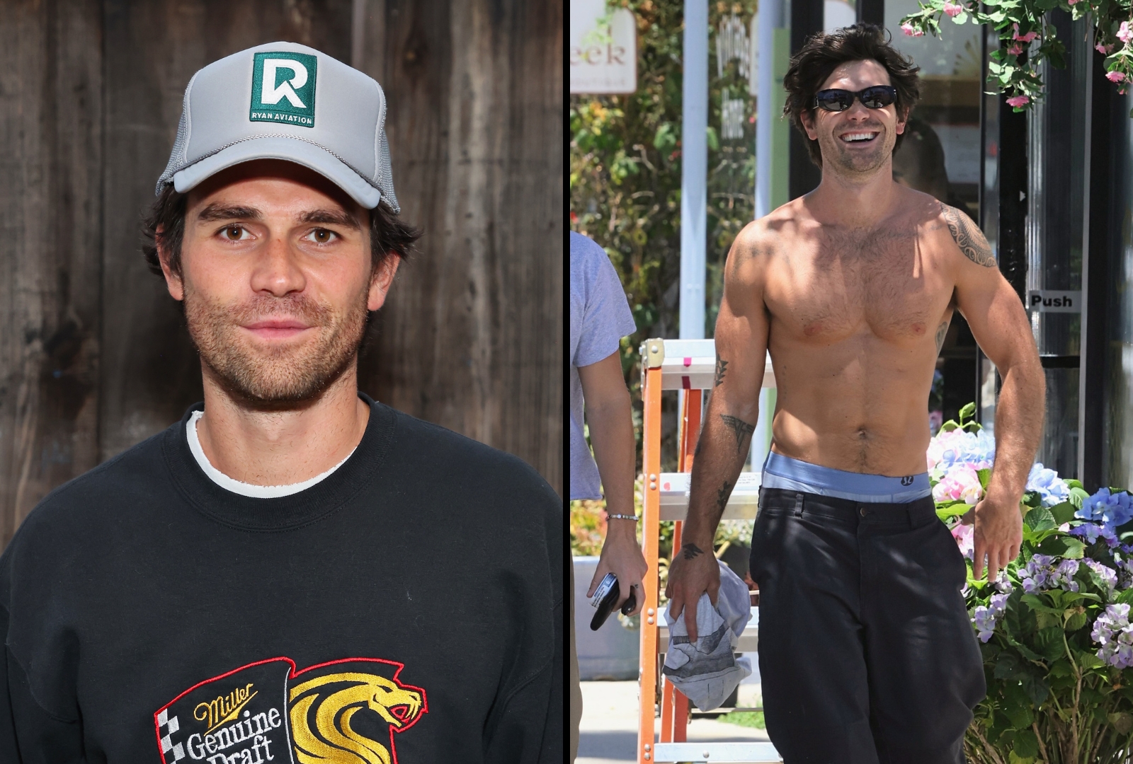Two men walking on a sunny LA sidewalk; the man on the right is shirtless wearing black pants and sunglasses, the man on the left wears a gray graphic tee and a cap.
