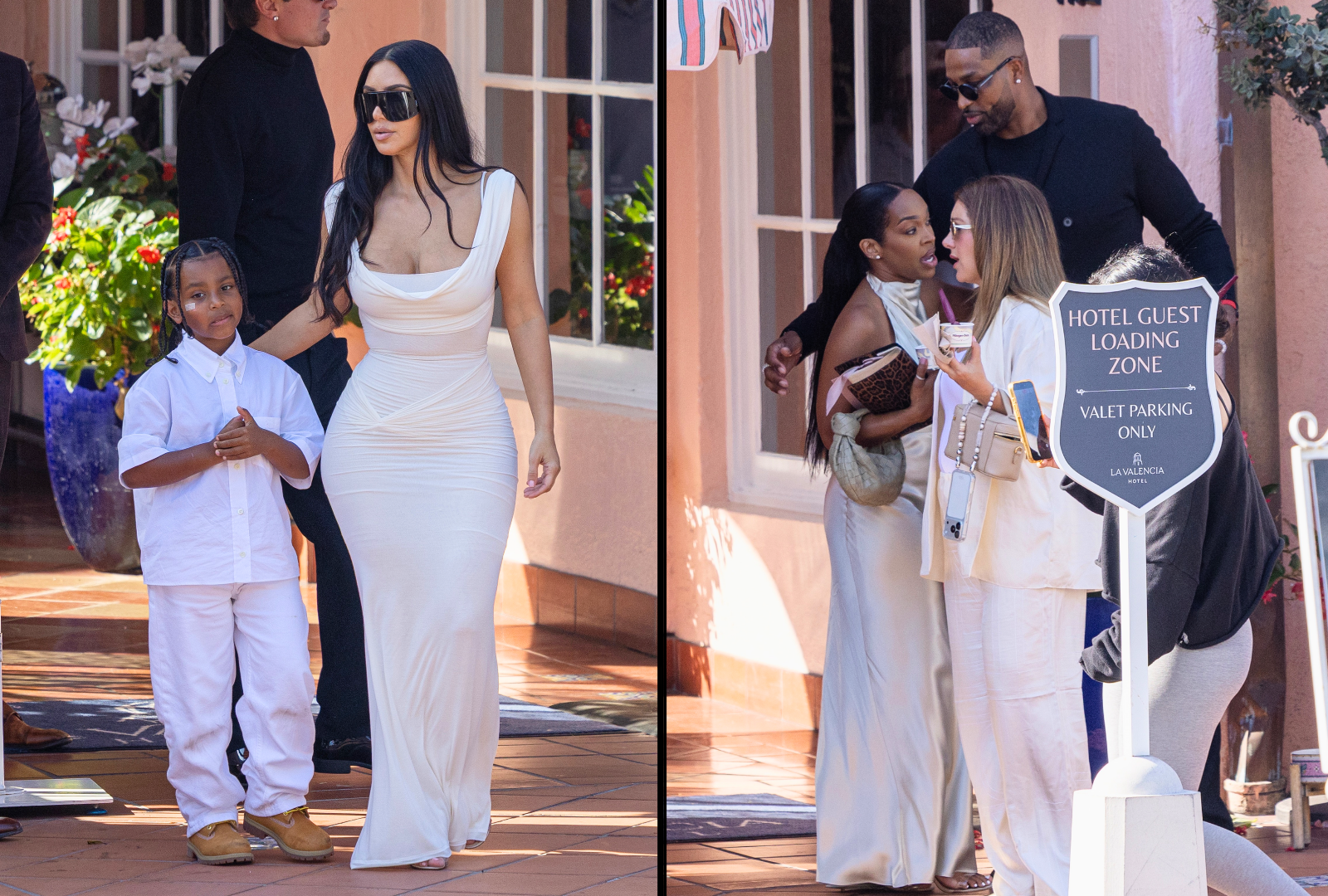 Woman in white fitted dress and large sunglasses walking beside a young boy in a white shirt and pants on a hotel patio.