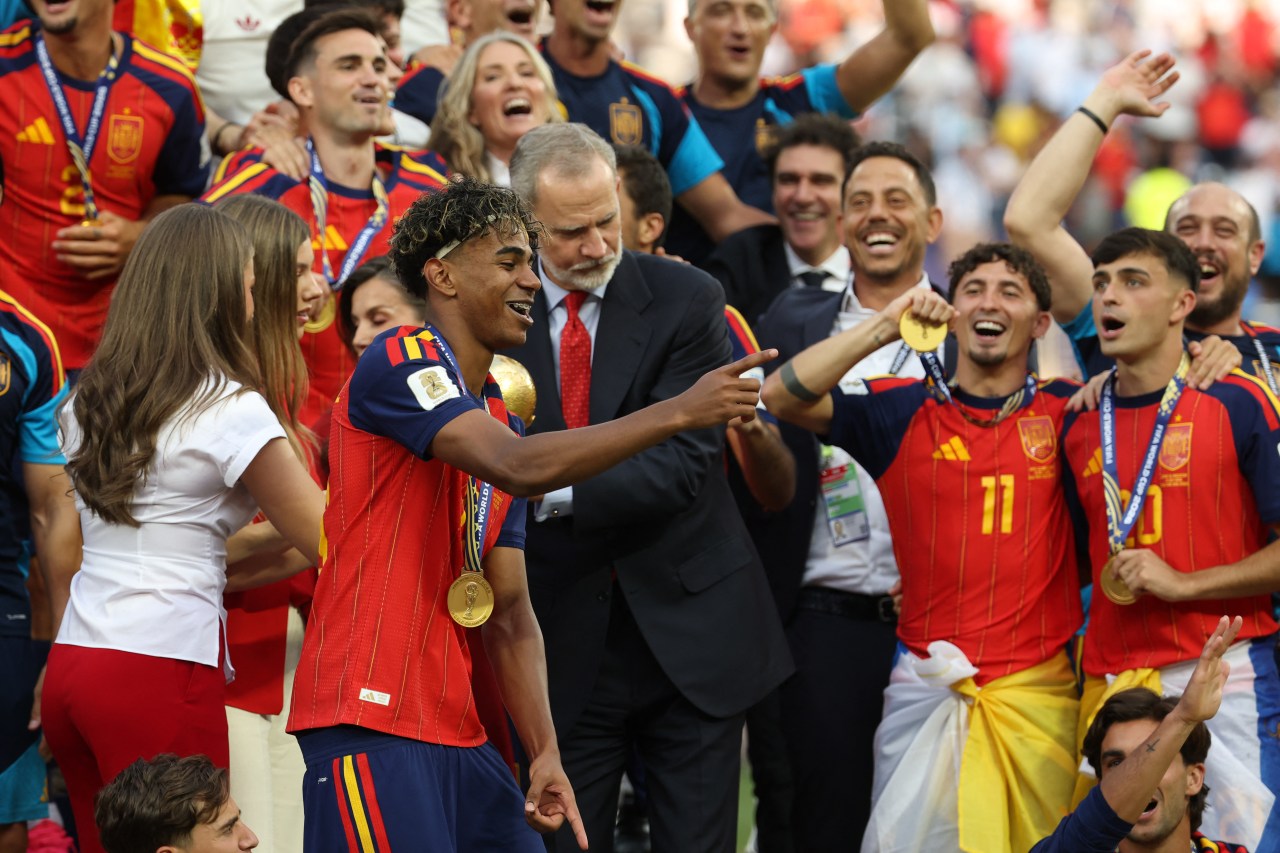 Lamine Yamal celebrating after Spain wins the 2026 World Cup final against Argentina