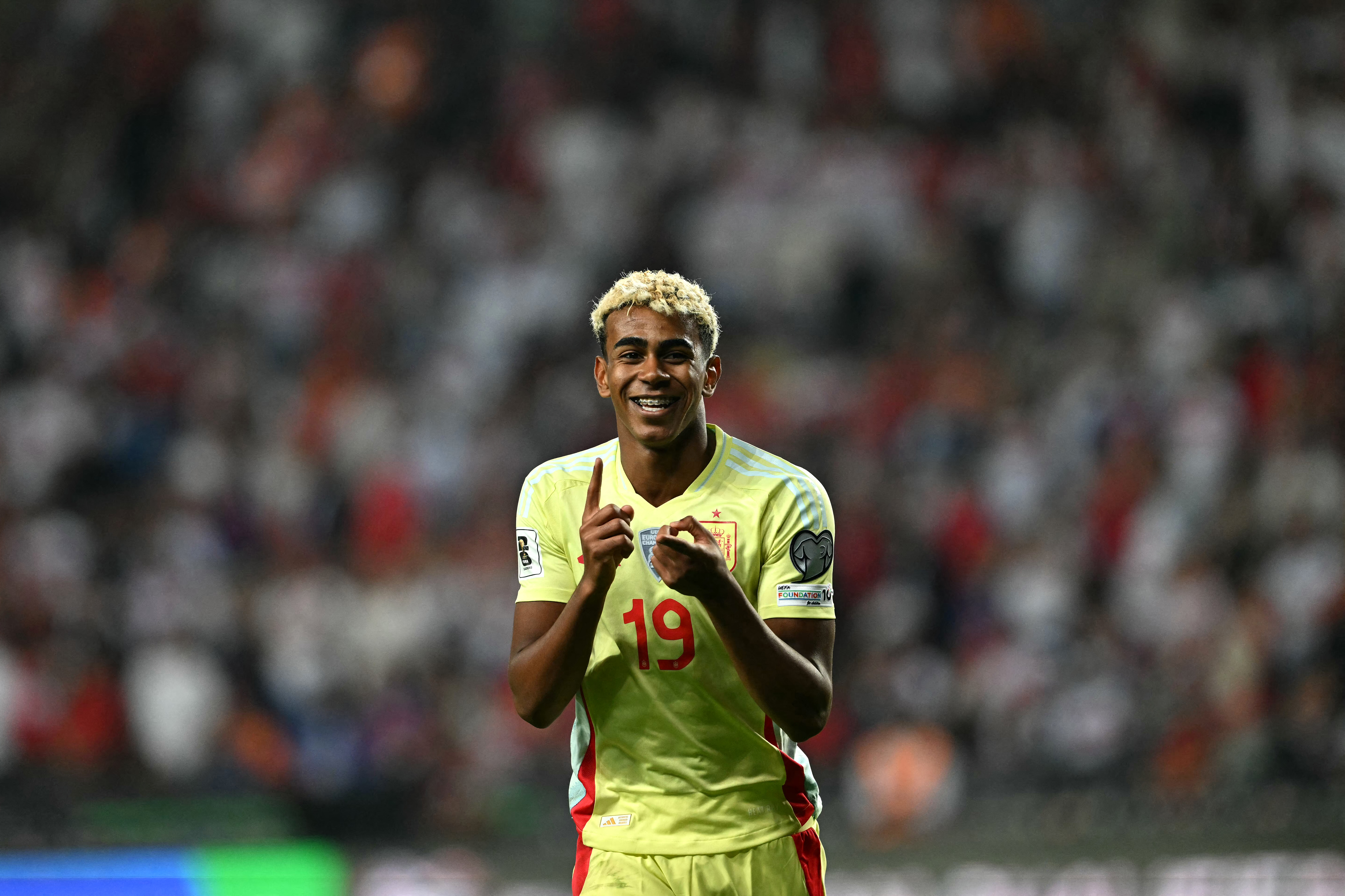 Click to open the image gallery Lamine Yamal celebrating a goal during a World Cup qualifier match between Turkey and Spain in Konya