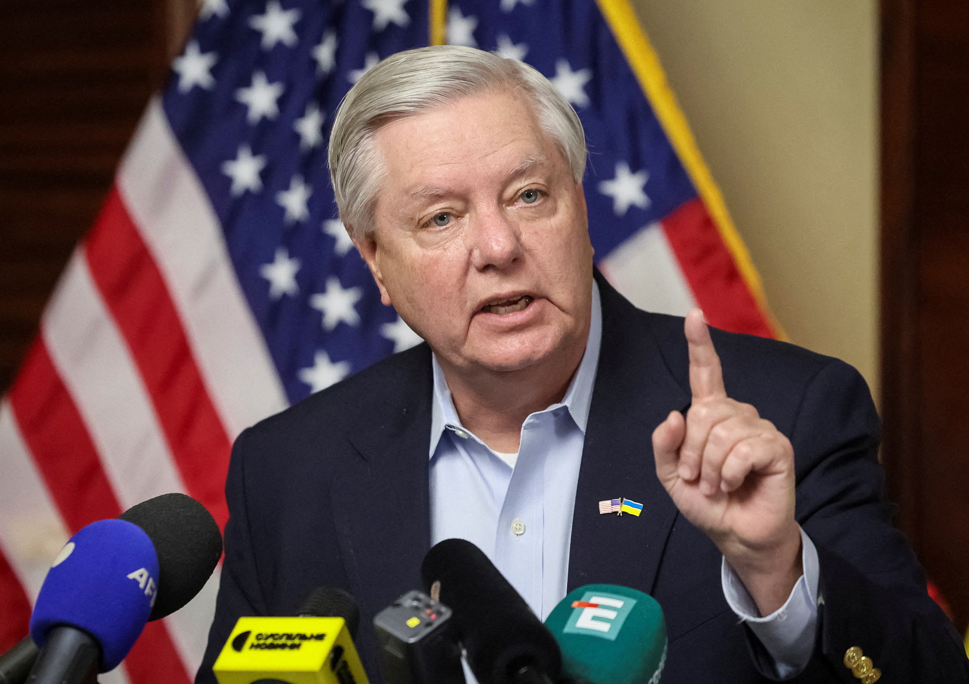 Senator Lindsey Graham speaking at a press briefing in Kyiv, Ukraine