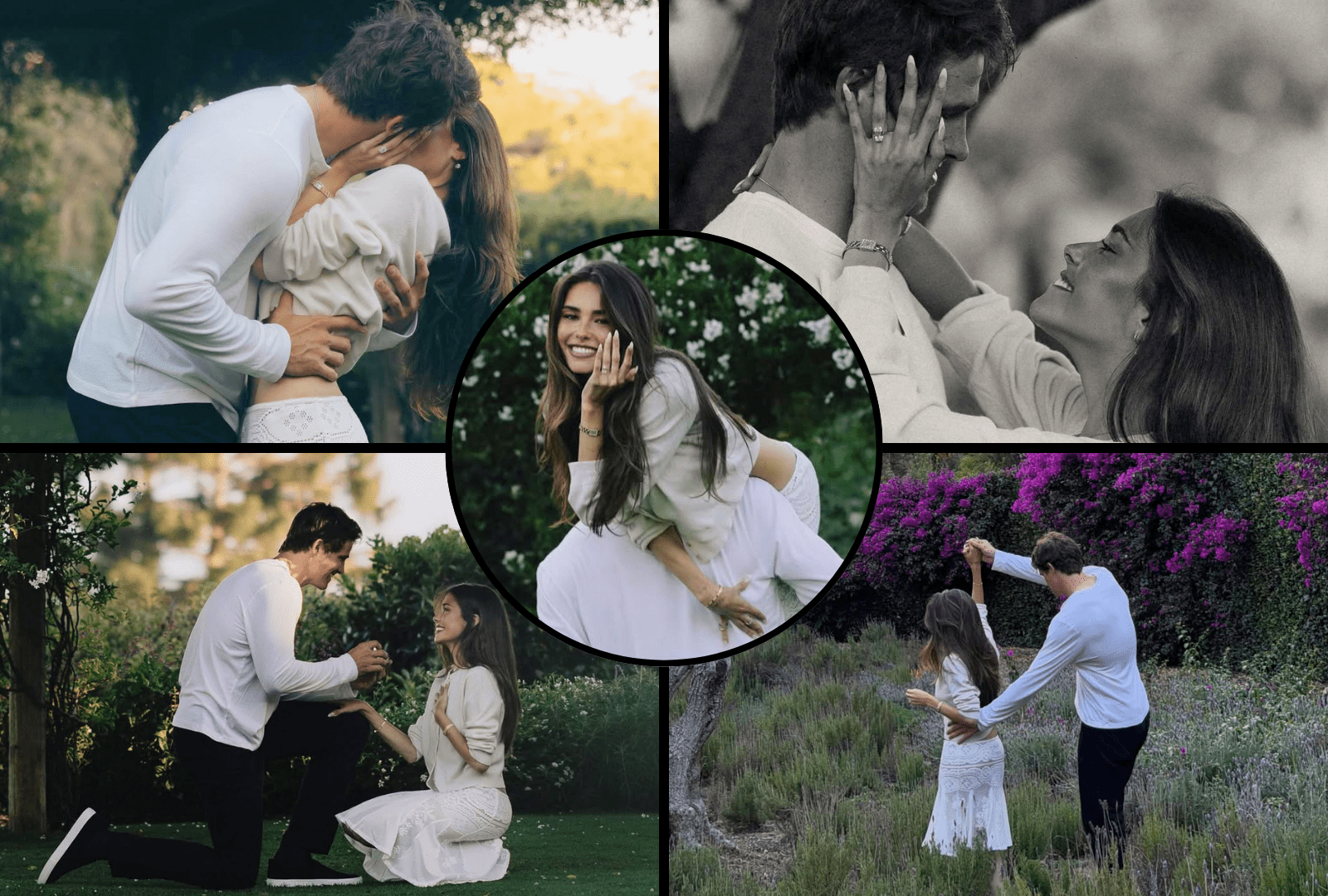 A man in a white shirt and dark pants twirls a woman in a white lace dress in a garden with purple bougainvillea and lavender at sunset.