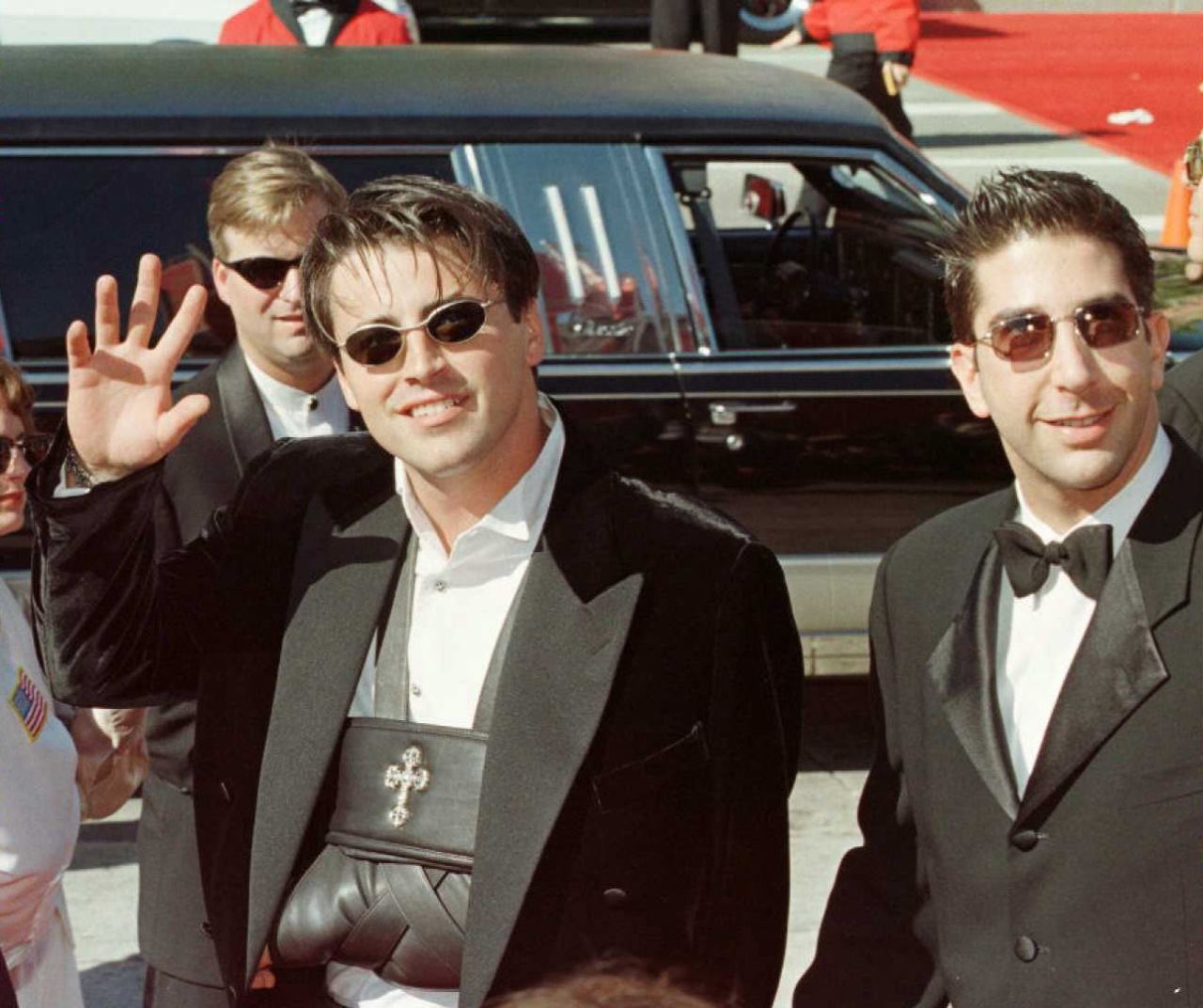 Matt LeBlanc with a broken arm and David Schwimmer arriving at the 48th Annual Emmy Awards in Pasadena, California in 1996