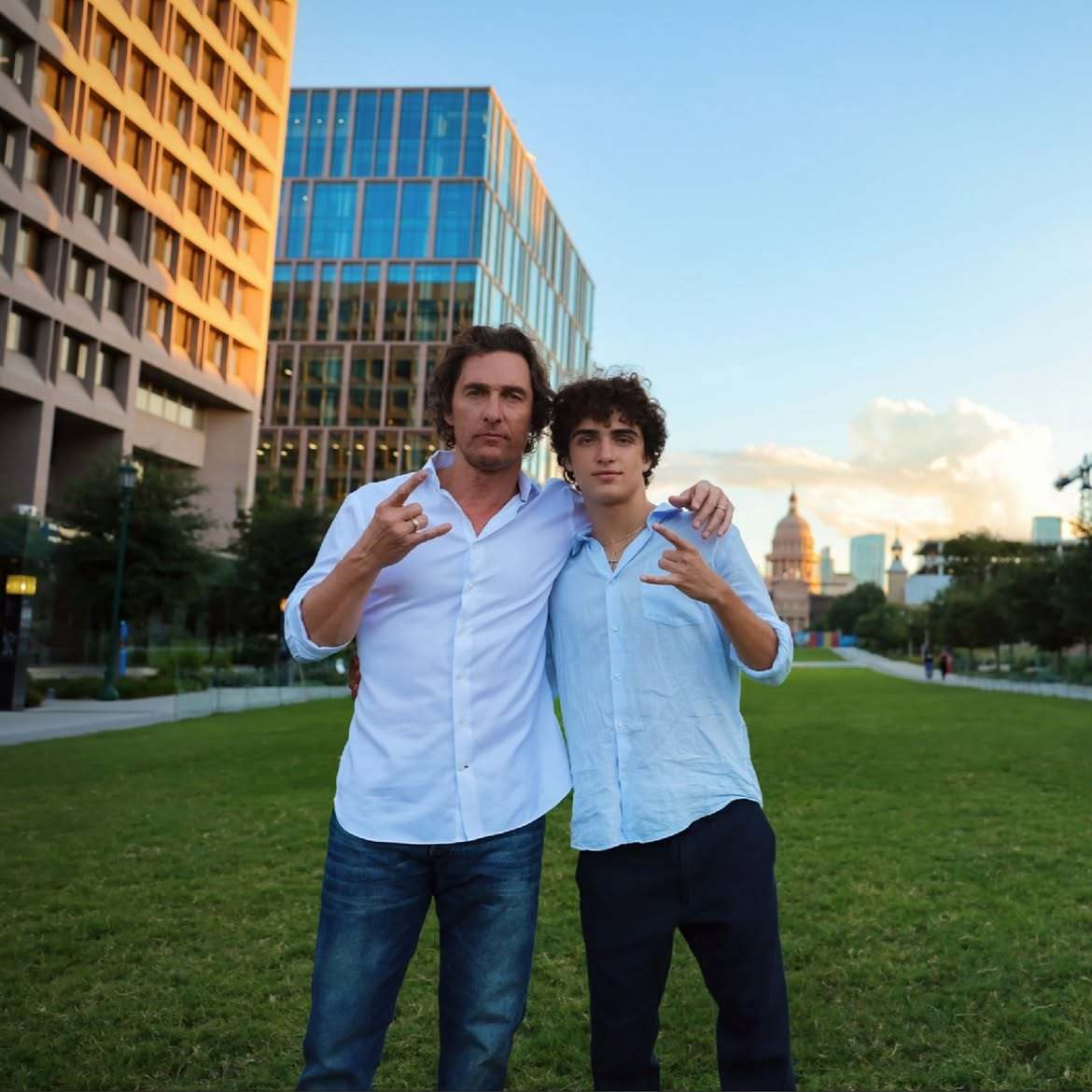 Matthew McConaughey and his son Levi in matching shirts and jeans