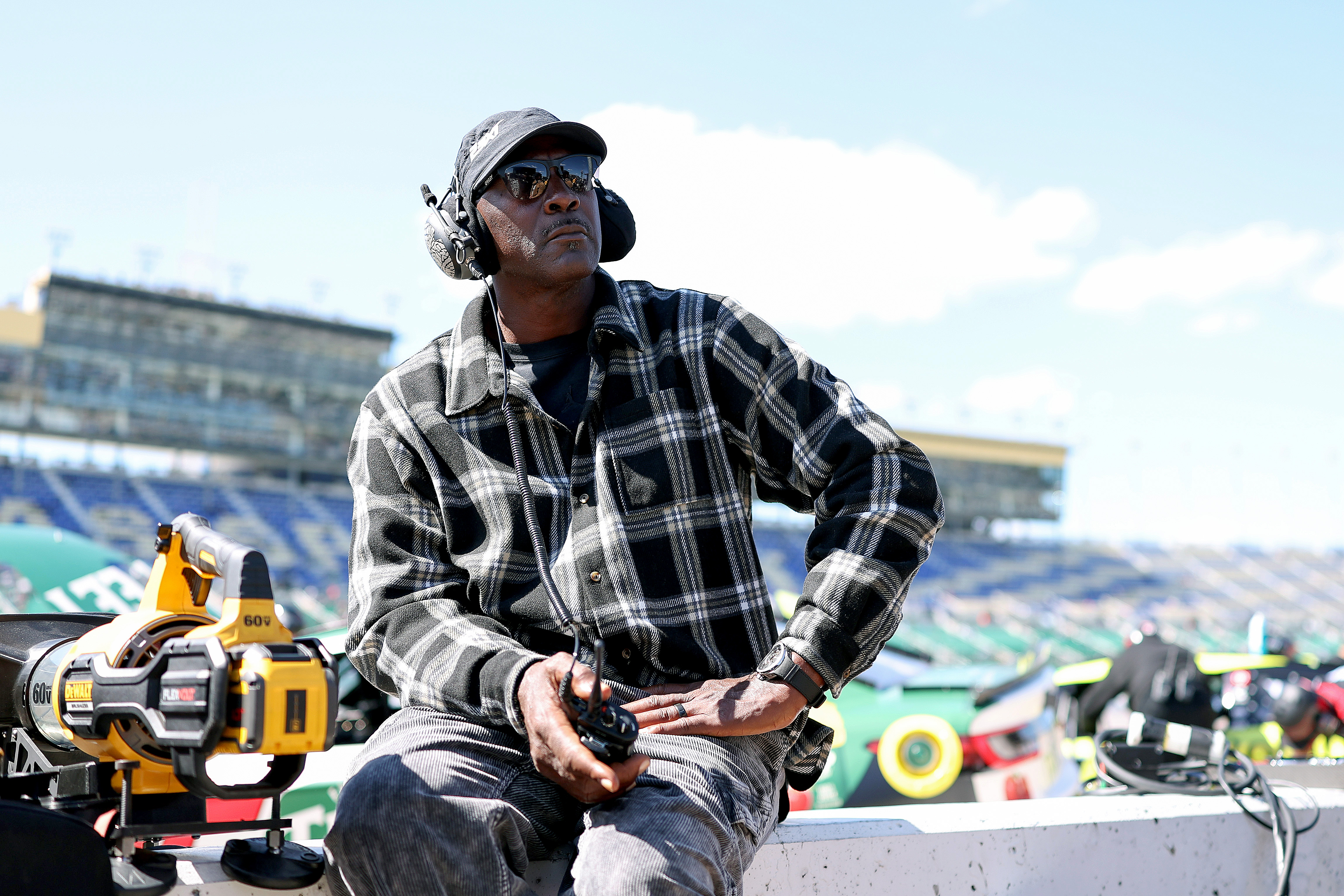 Michael Jordan watching practice at Kansas Speedway during the NASCAR Cup Series AdventHealth 400 in Kansas City, Kansas