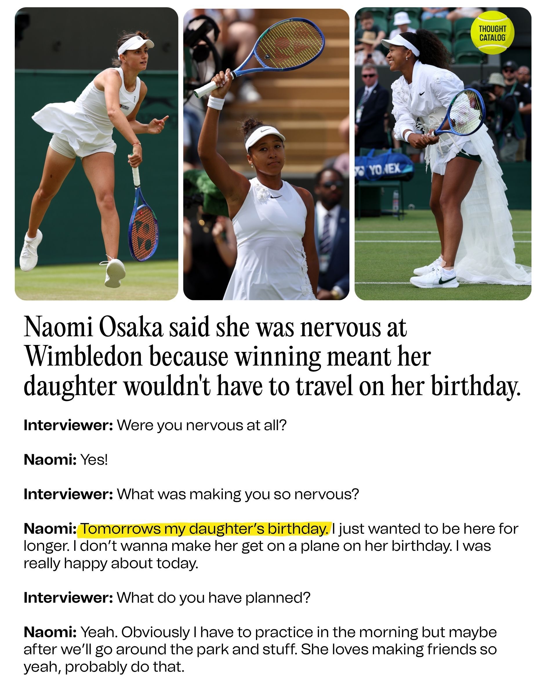Naomi Osaka Said She Was Nervous at Wimbledon Because Winning Meant Her Daughter Wouldn't Have to Travel on Her Birthday