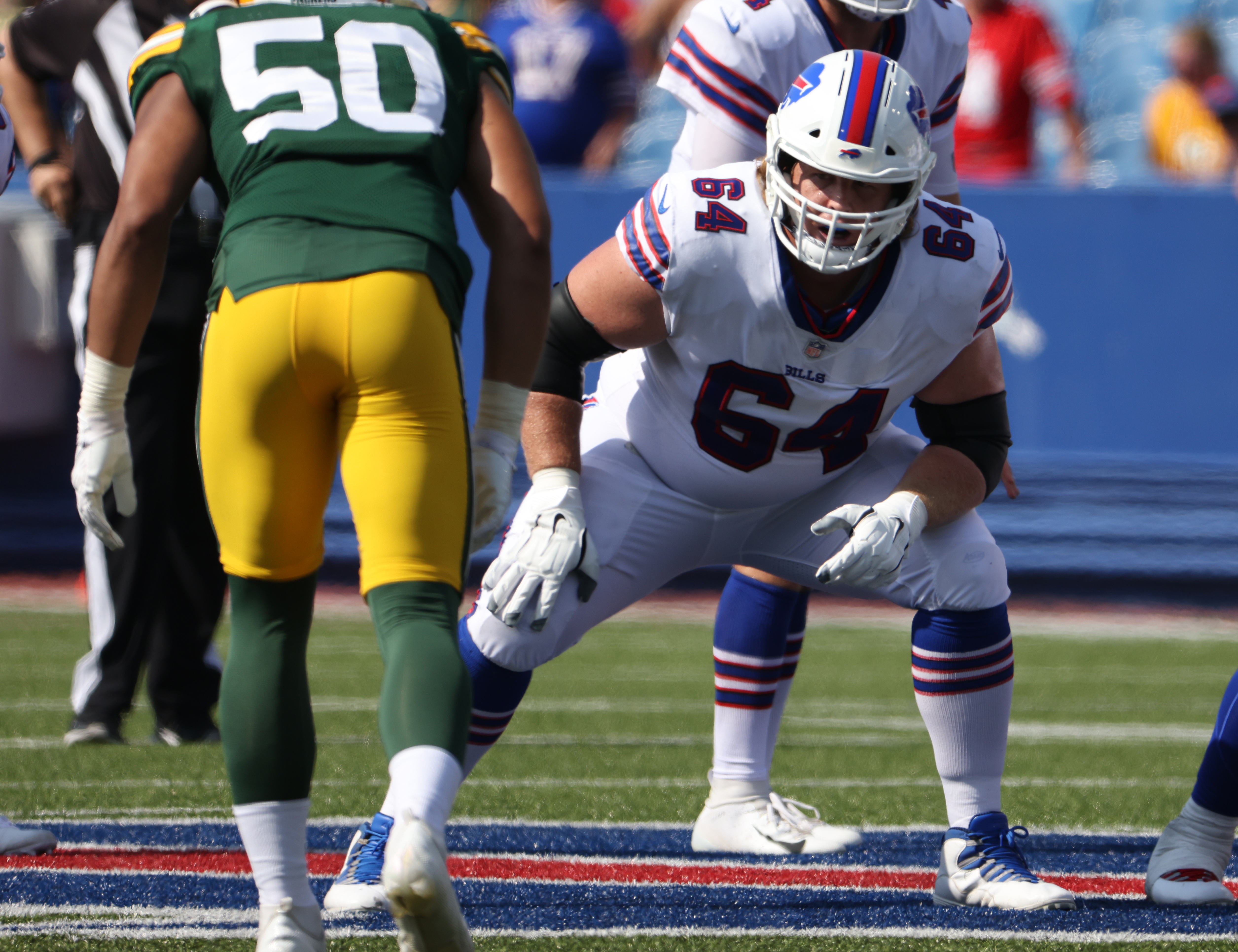 Jordan Devey #64 of the Buffalo Bills in a blocking stance during a preseason game against the Green Bay Packers at Highmark Stadium