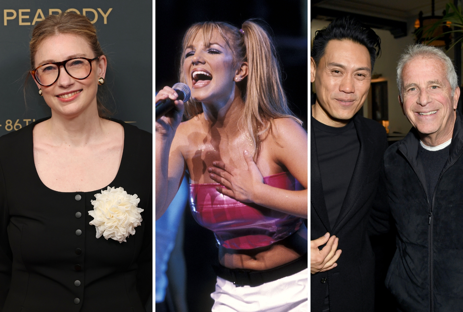 Liz Meriwether smiling in a black dress with a white floral brooch and tortoiseshell glasses at the 86th Annual Peabody Awards.
