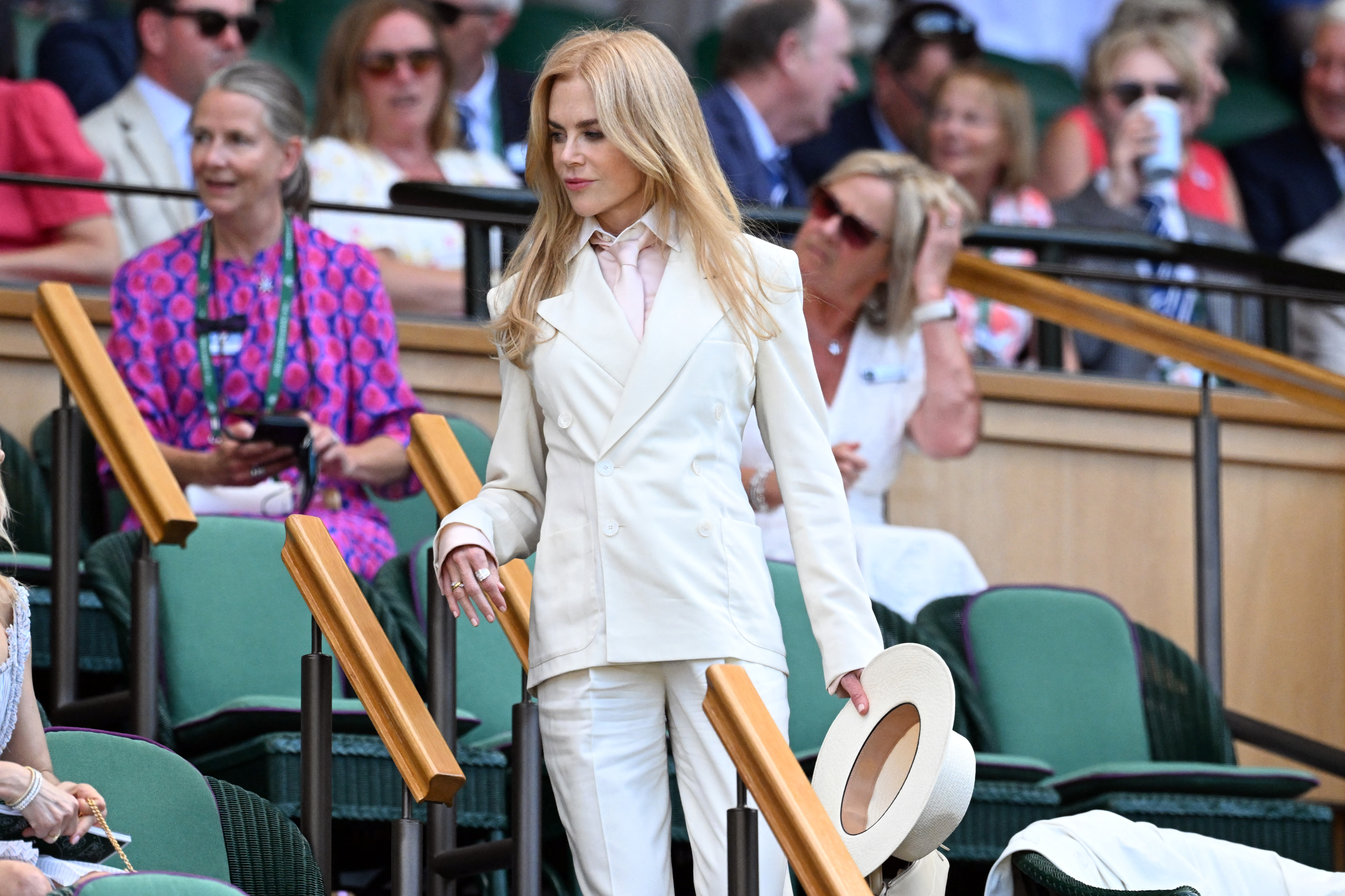 Nicole Kidman seated in the Royal Box at Wimbledon's Centre Court during the 2026 Championships