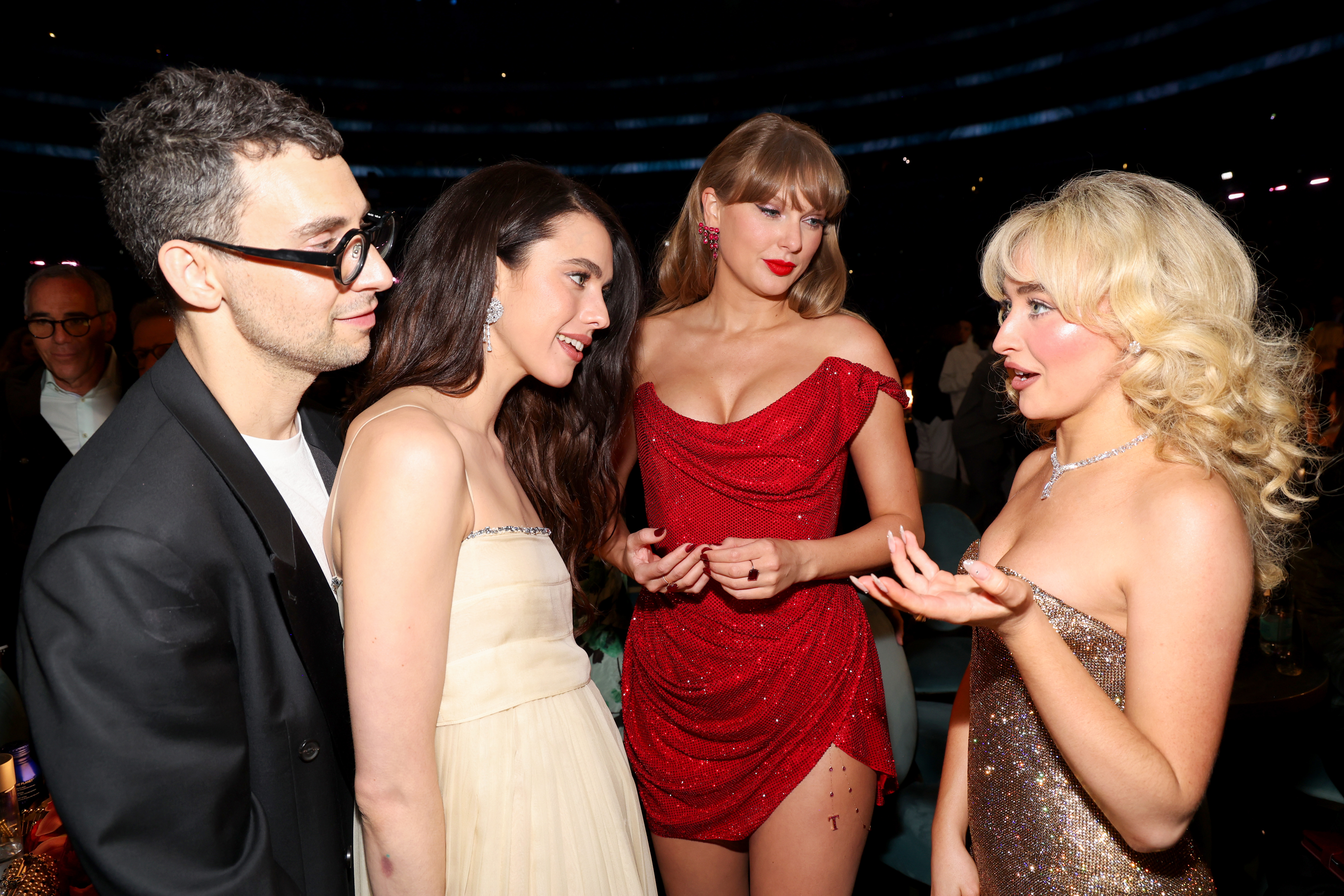 Jack Antonoff, Margaret Qualley, Taylor Swift, and Sabrina Carpenter together at the 67th Grammy Awards in Los Angeles