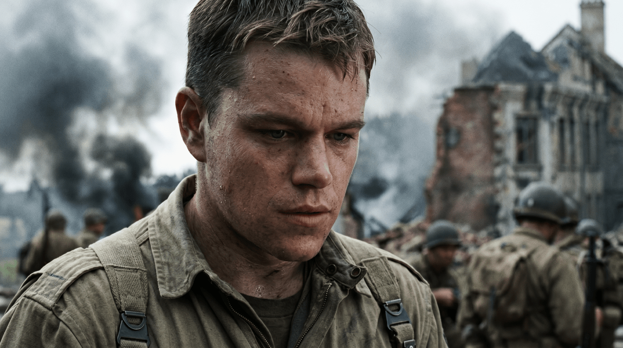 Close-up of a mud-streaked young man in WWII military uniform, with soldiers and a bombed building in the smoky background.