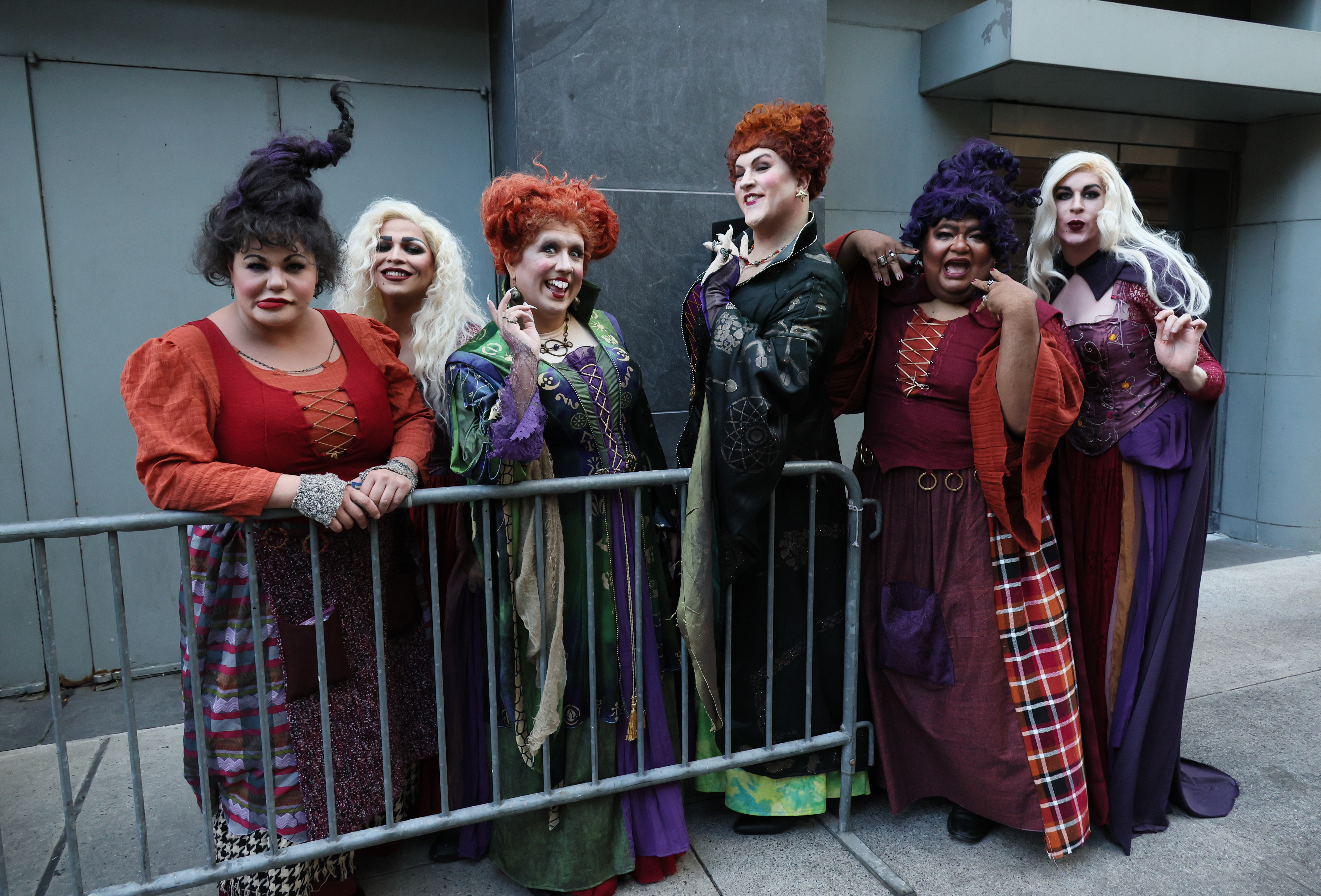 Guests in Halloween cosplay waiting outside AMC Lincoln Square Theater for the Hocus Pocus 2 premiere in New York City