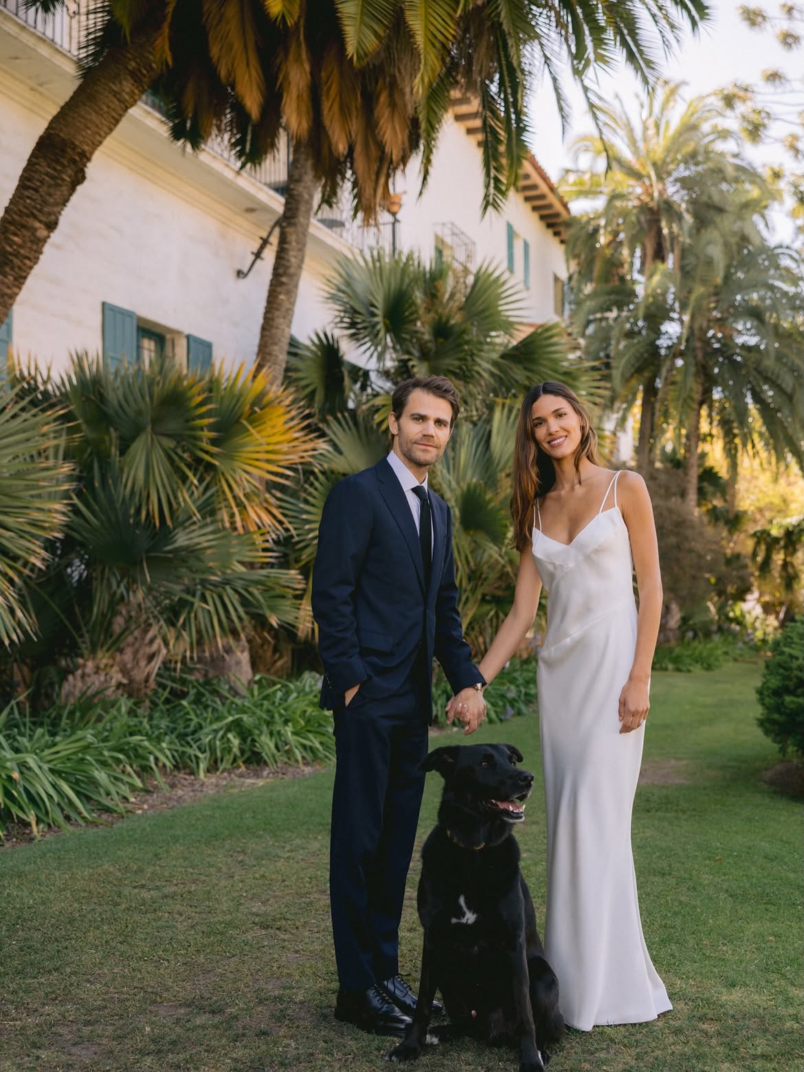 Groom in navy suit and bride in white slip dress hold hands while standing with a black dog on a lawn surrounded by palm trees.